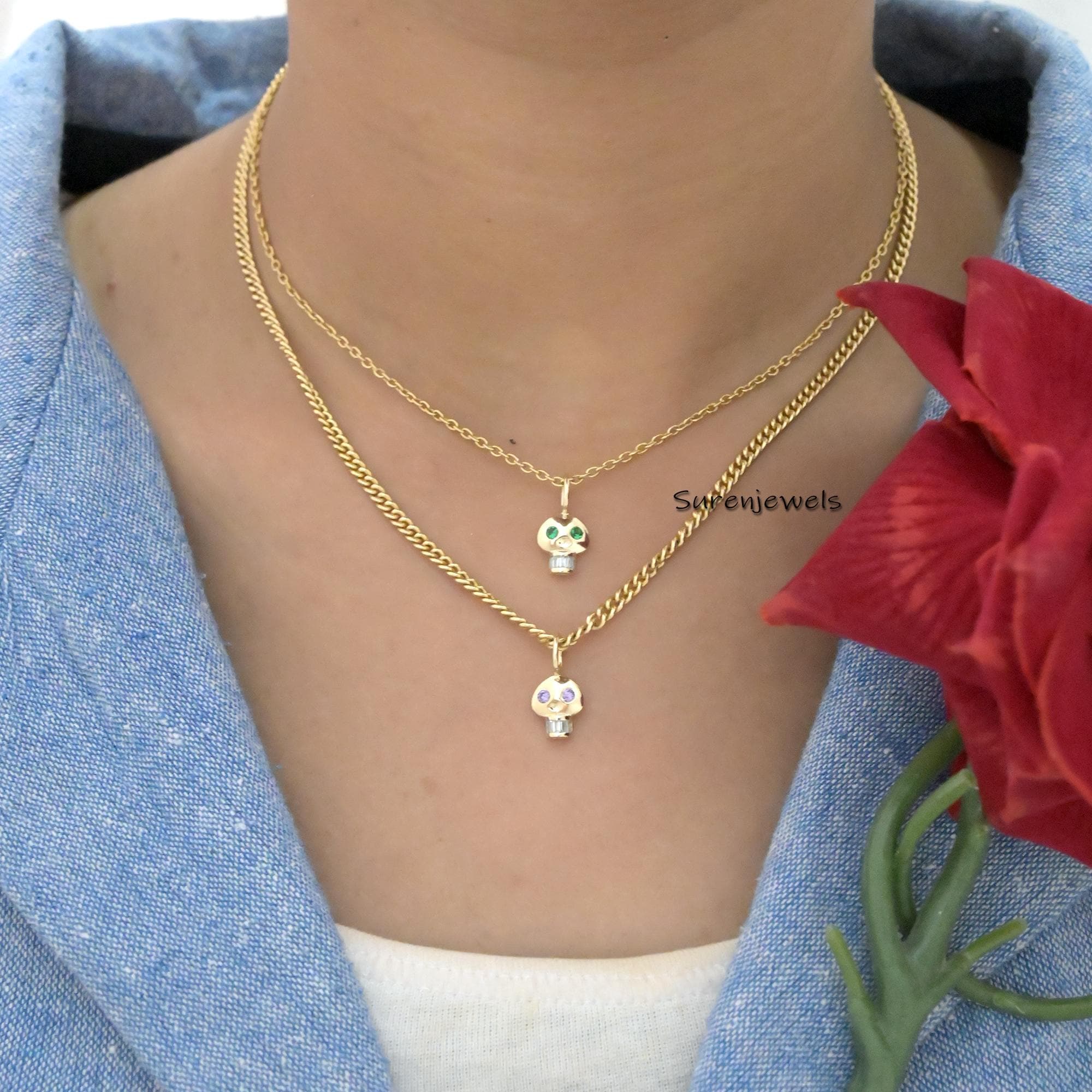 14k Gold Skull Pendant with Gemstone Eyes & Topaz Teeth - View 6 - Suren Jewels | SKU: SJP2562