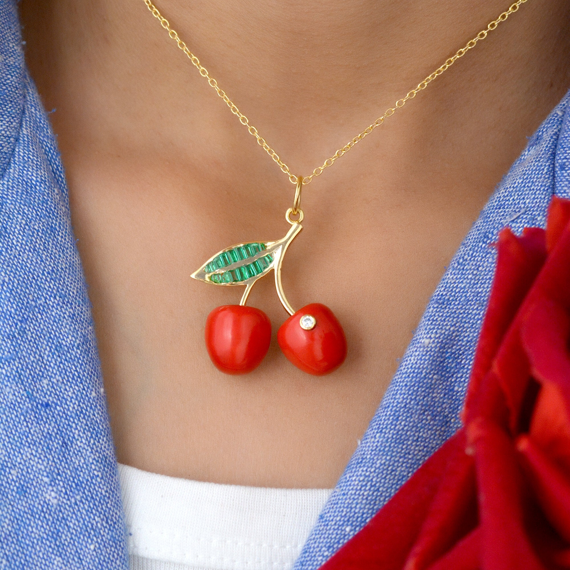 14K Gold Cherry Pendant: Coral Gemstone, Handmade Charm - View 3 - Suren Jewels | SKU: SJP1449-SLYGRCRCBTTCZMN