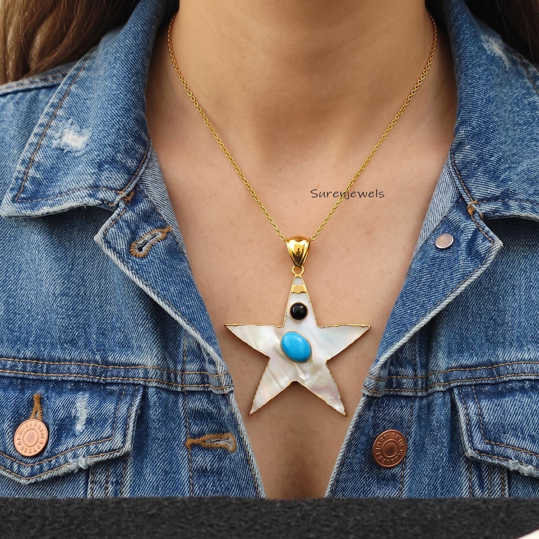 hand Carved 14k Gold Gemstone Star Pendant, Carving handmade Designer Star Jewelry - Suren Jewels | SKU: SJP