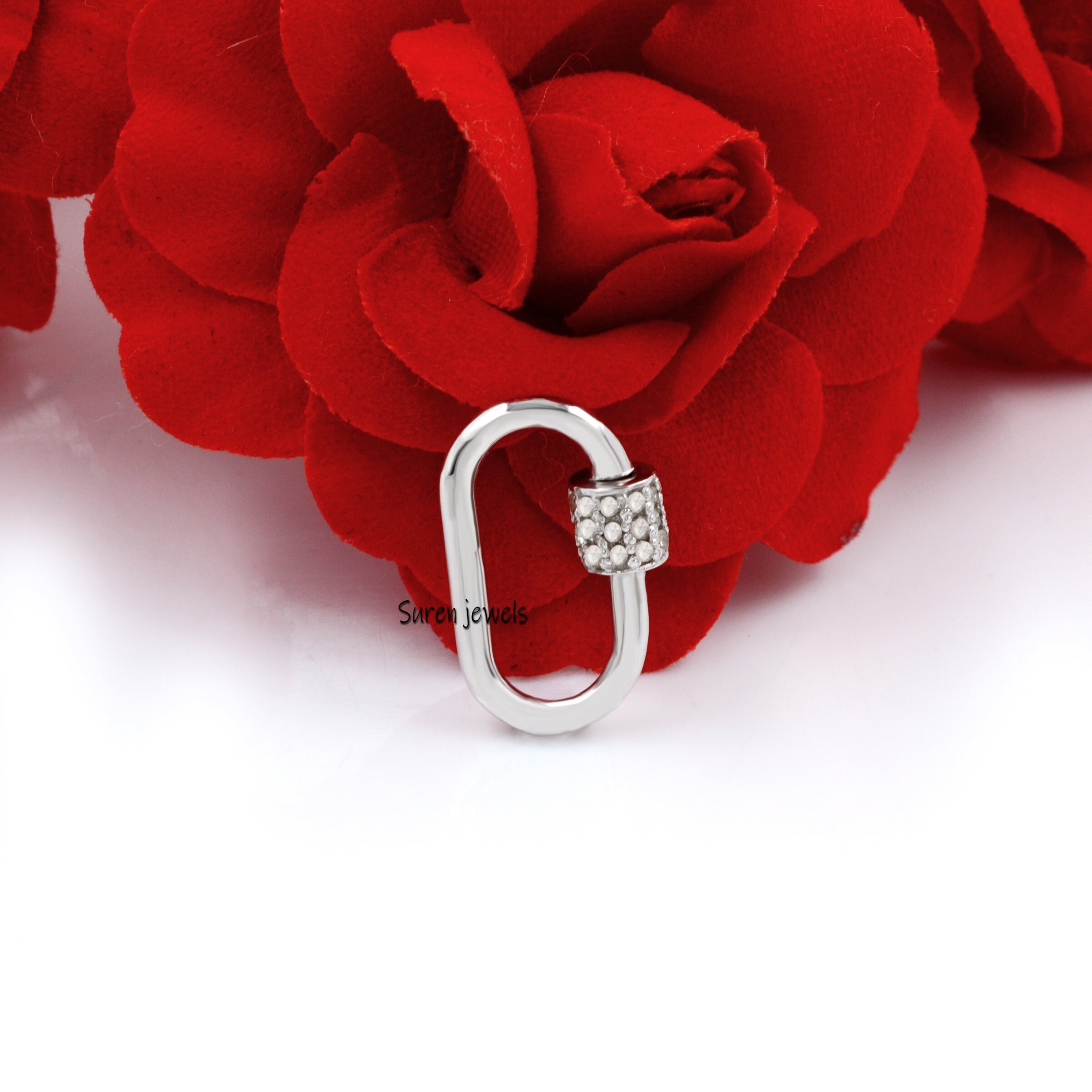 925 Silver Diamond Carabiner Lock: Pave Carabiner Pendant - View 4 - Suren Jewels | SKU: SJC131-SLYGDI-18M