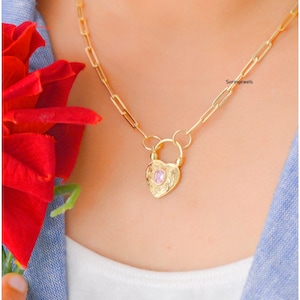 9K Solid Gold Heart Padlock, Gold Gemstone Padlock Connector, 9K Openable Padlock, Heart Padlock Pendant Jewelry, Gold Heart Padlock Pendant