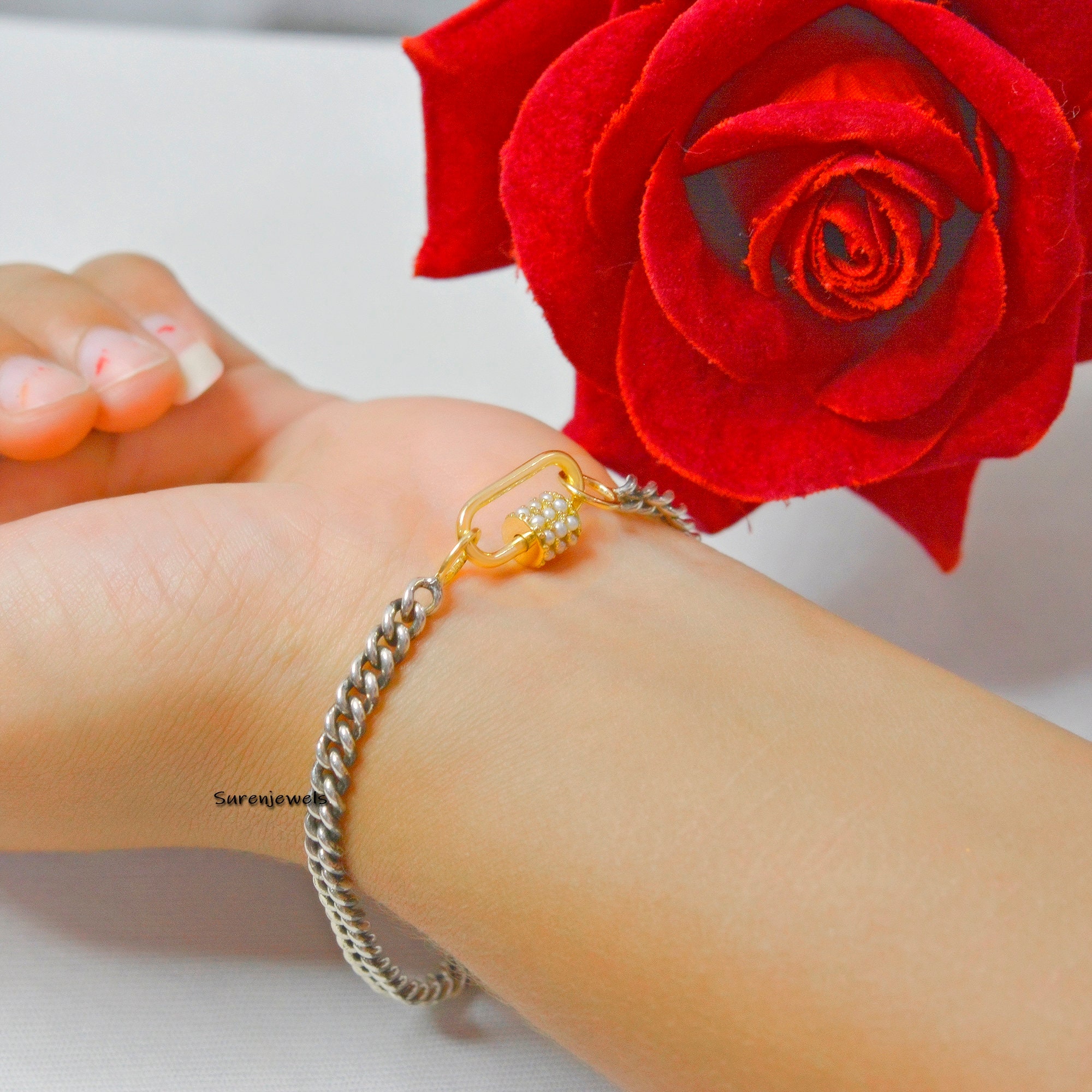 Handmade Oxidized Sterling Silver Curb Chain Bracelet: Carabiner Lock - Suren Jewels | SKU: SJA
