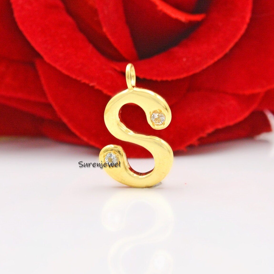 14k Gold Bubble Letter Pendant: White Topaz Initial Charm - View 7 - Suren Jewels | SKU: SJP1094-SLYGCZ-K