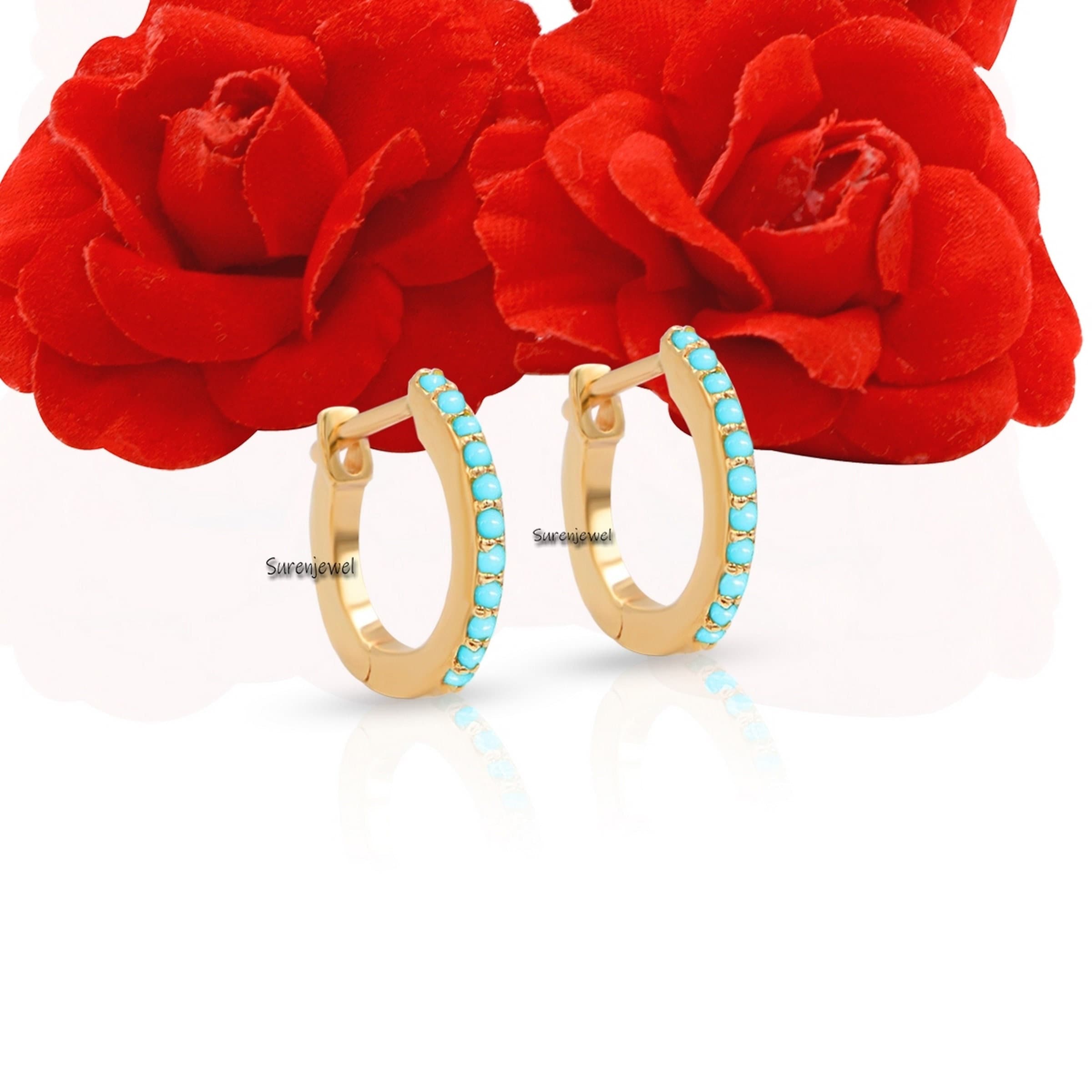 14k Solid Gold Turquoise Huggie Hoop Earrings: Handmade Hinged Jewelry - View 2 - Suren Jewels | SKU: SJE66-9KYGTS
