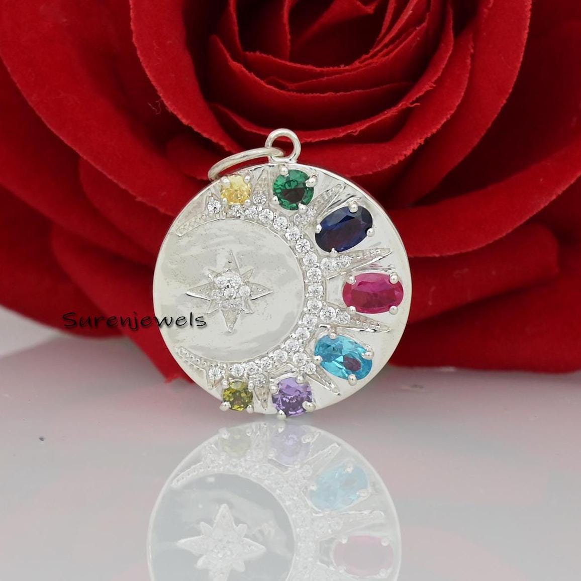 14k Solid Gold Moon Starburst Medallion Charm: Rainbow Sapphire Diamond Pendant - View 2 - Suren Jewels | SKU: SJP3103