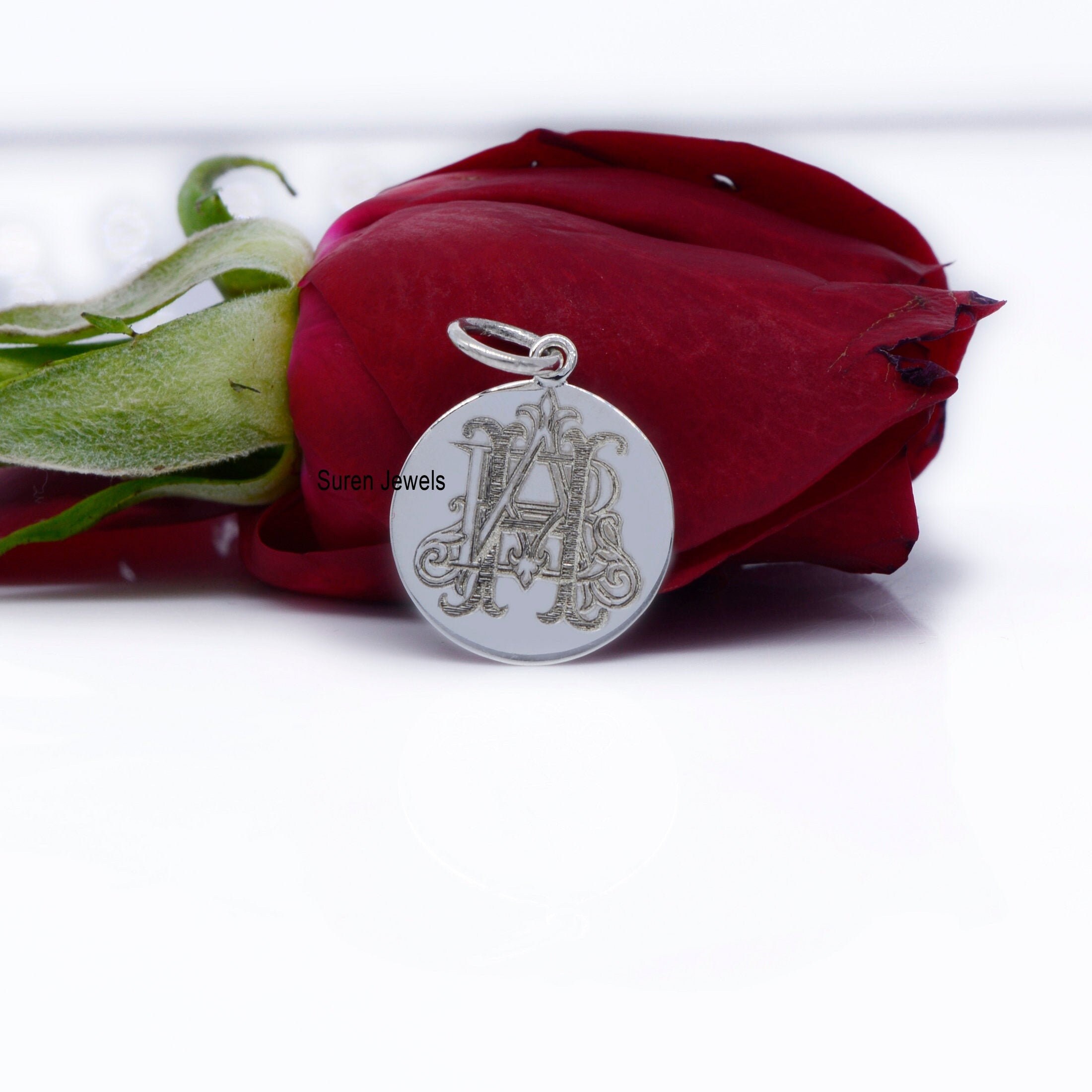 925 Silver Monogram Disc Pendant: Personalized Initial Charm (15mm) - View 3 - Suren Jewels | SKU: SJP744-SLNS-AH