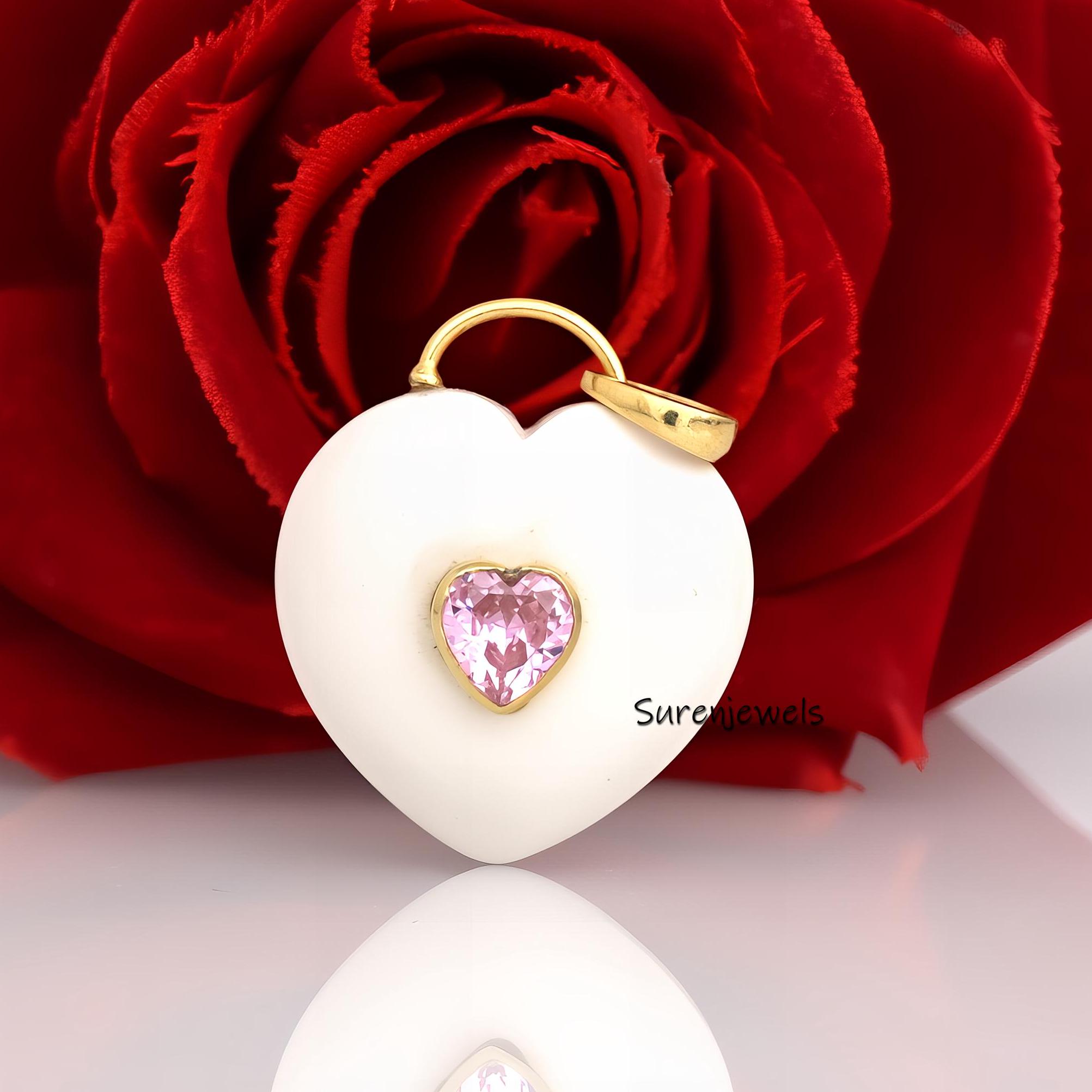 14K Gold Gemstone Heart Pendant padlock: Silver Designer Heart (35 MM) - View 3 - Suren Jewels | SKU: SJP4163-SLYGWAPCZ-35M