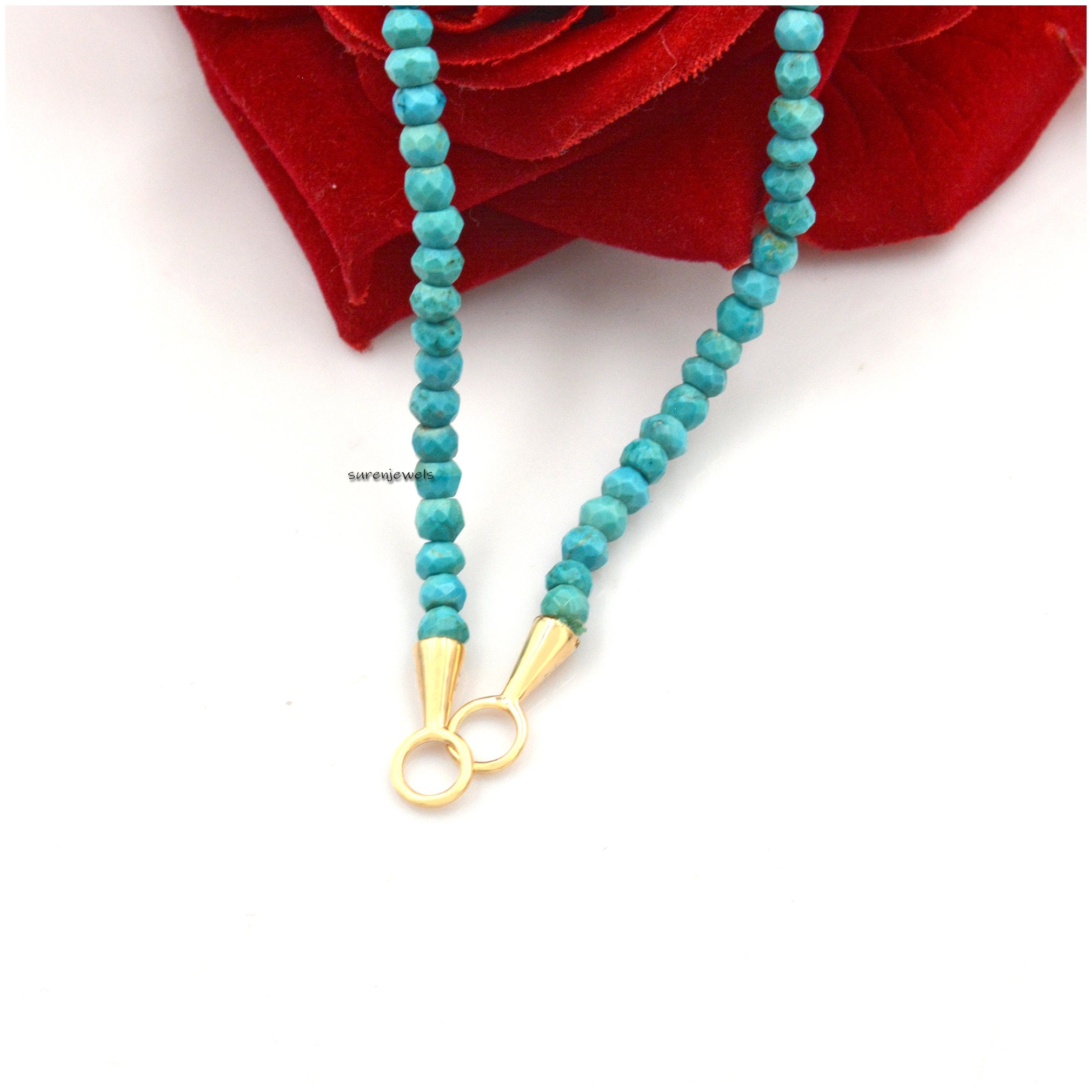 9K Solid Gold Turquoise Beaded Necklace - Everyday Jewelry - View 2 - Suren Jewels | SKU: SJN247-9KYGTQ-16I
