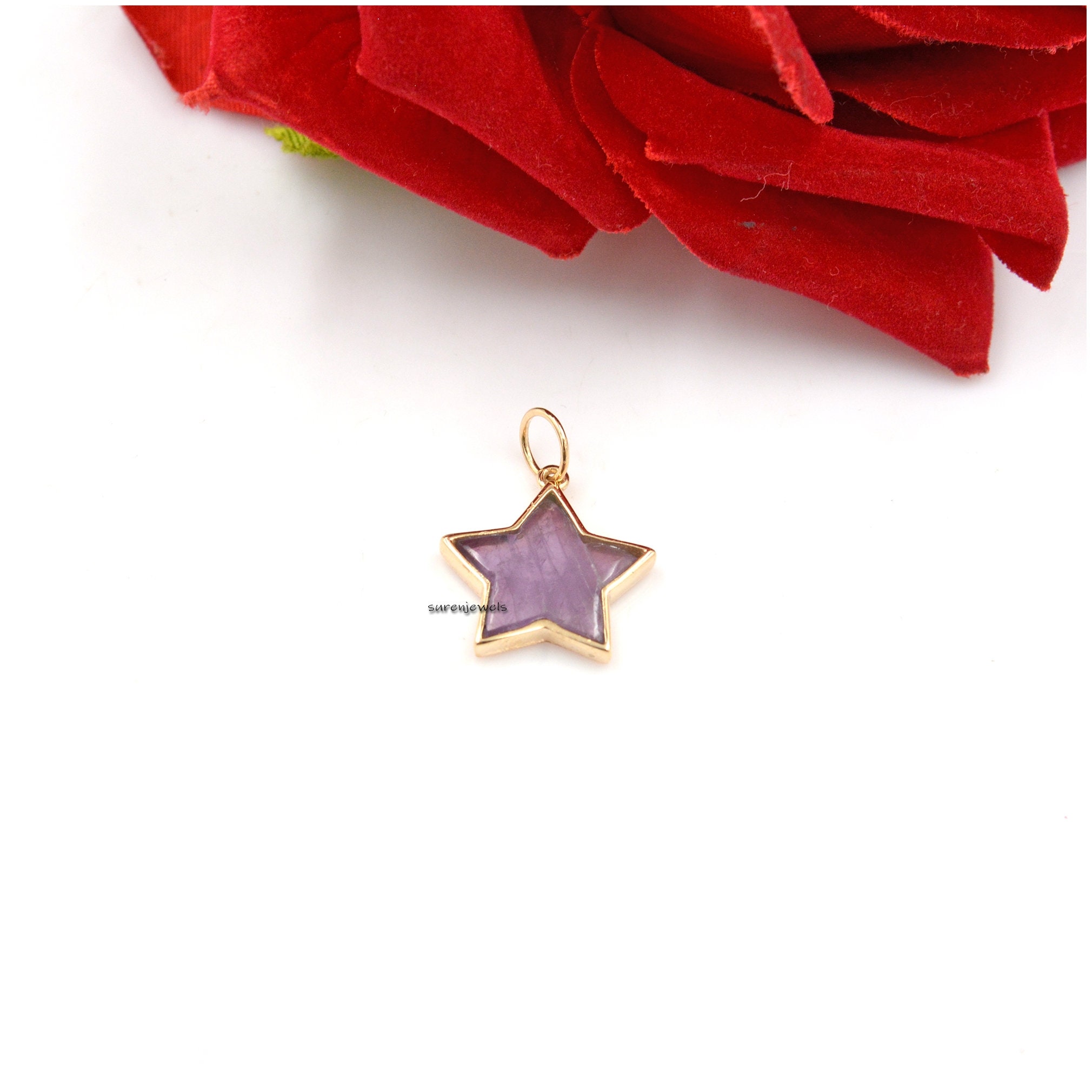 14k Gold Carved Gemstone Star Pendant: Handmade Designer Charm - View 2 - Suren Jewels | SKU: SJP1375-
