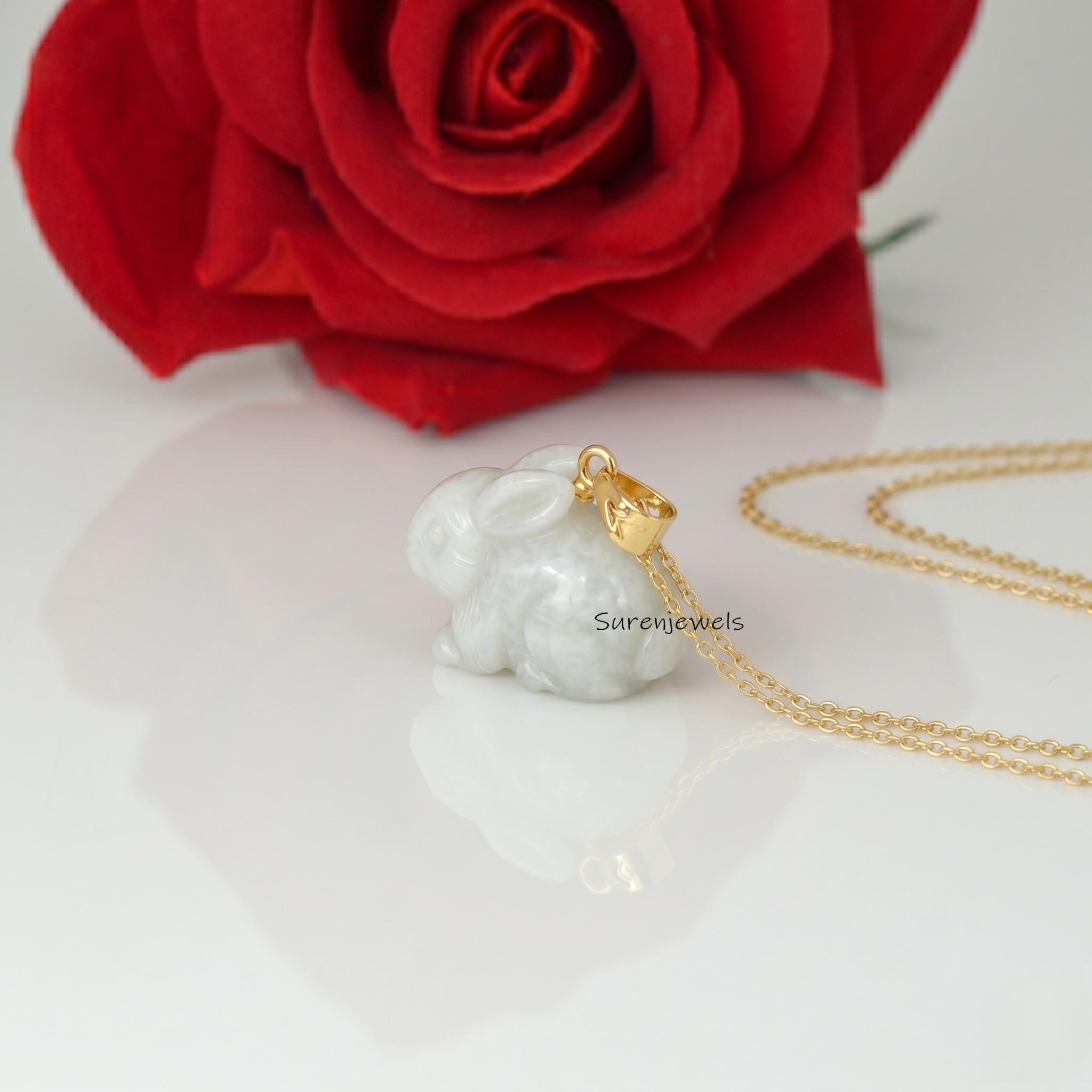 14K Gold Gemstone Bunny Pendant, Handcarved Gold Rabbit Pendant, Rose Quartz Bunny Charm, Rabbit Animal Jewelry, Carving Gold