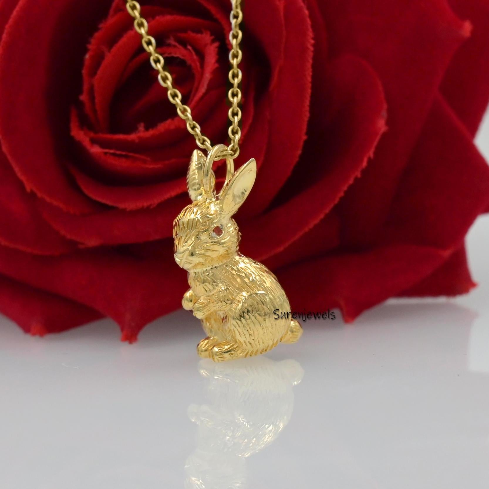 14K Gold Rabbit Bunny Pendant, Gold Textured Bunny Rabbit