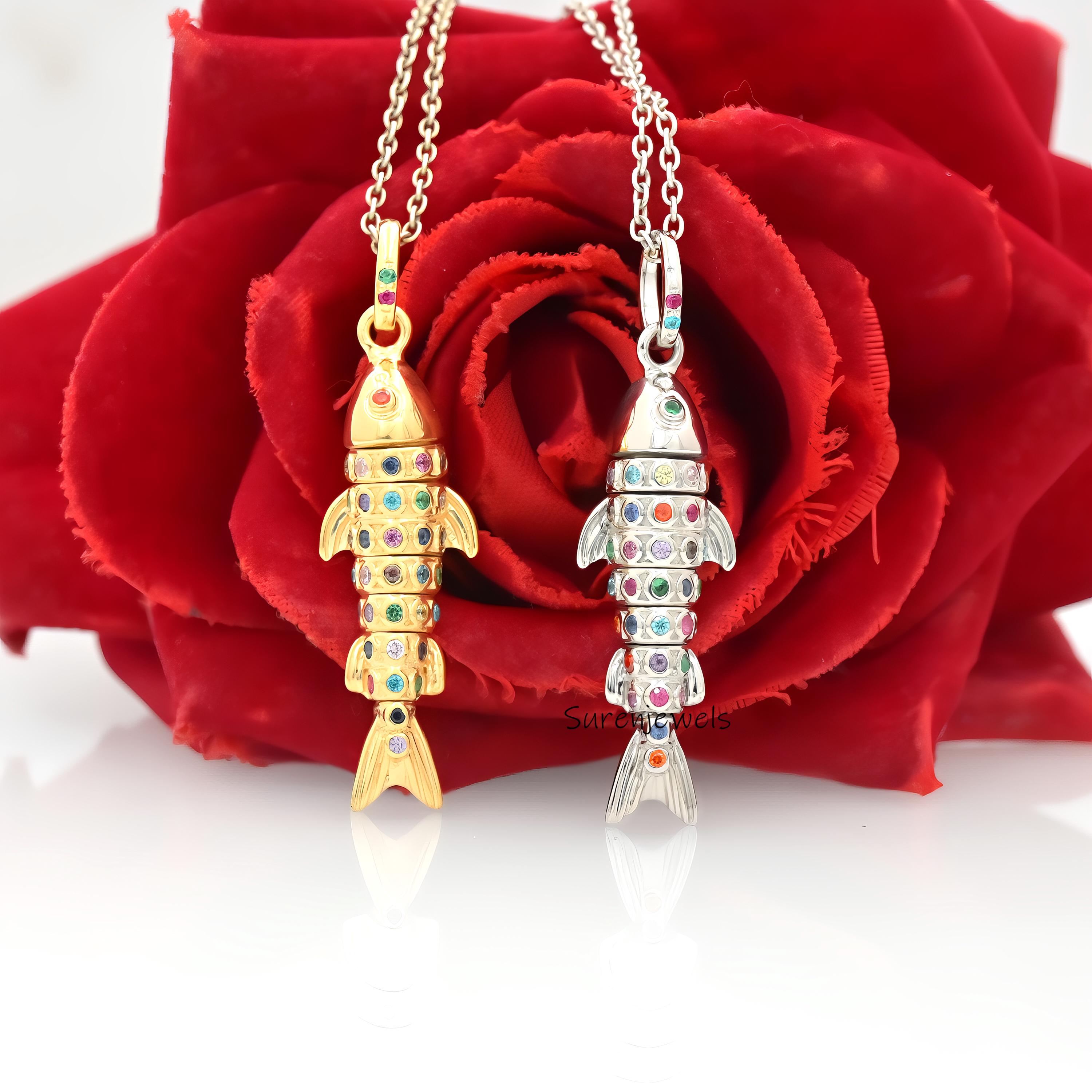 14K Gold Moveable Fish Pendant: Multi Gemstone 3D Charm - Suren Jewels | SKU: SJP3342