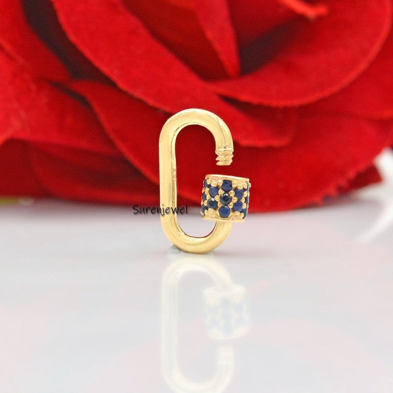 9k Gold Blue Sapphire Carabiner Lock: Handmade Pendant (15*9 mm) - Suren Jewels | SKU: SJC07-9KRGBSP-15M