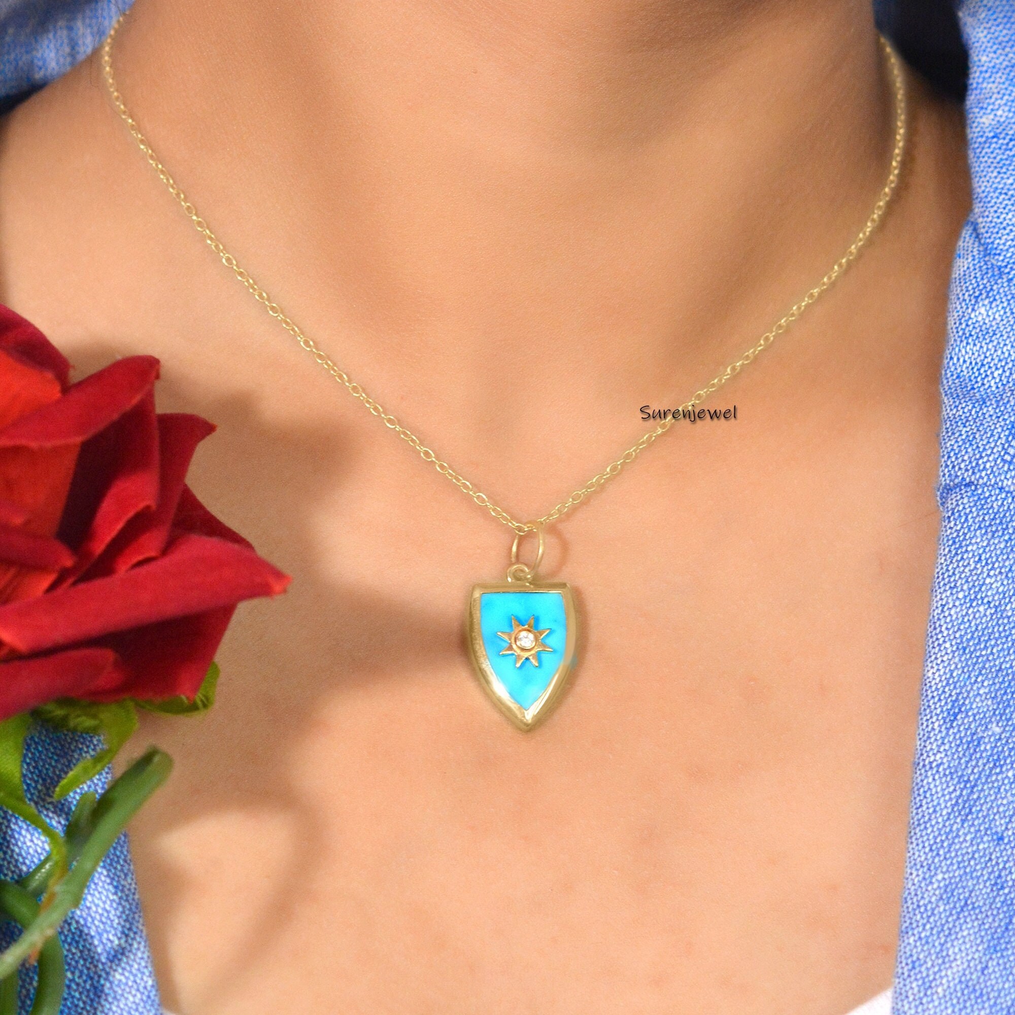 925 Silver Shield Pendant: Handmade Gemstone Lapis Paladin - View 4 - Suren Jewels | SKU: SJP1058-SLYGTQWT-25mm