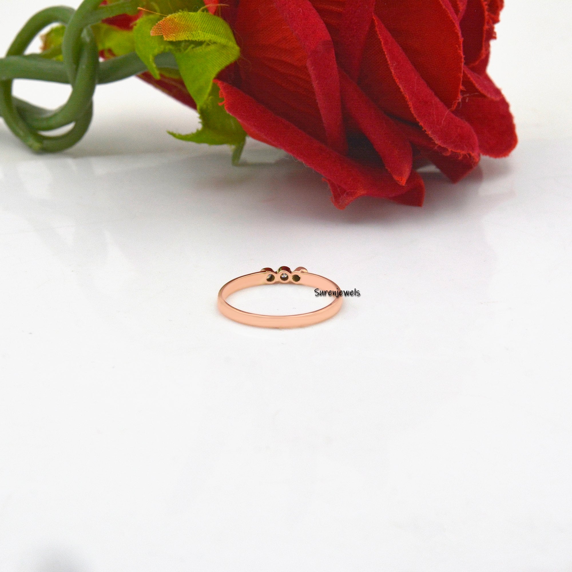 14K Solid Gold Diamond Ring: Bezel Set Three Stone Ring - View 7 - Suren Jewels | SKU: SJR700-14KRGDI