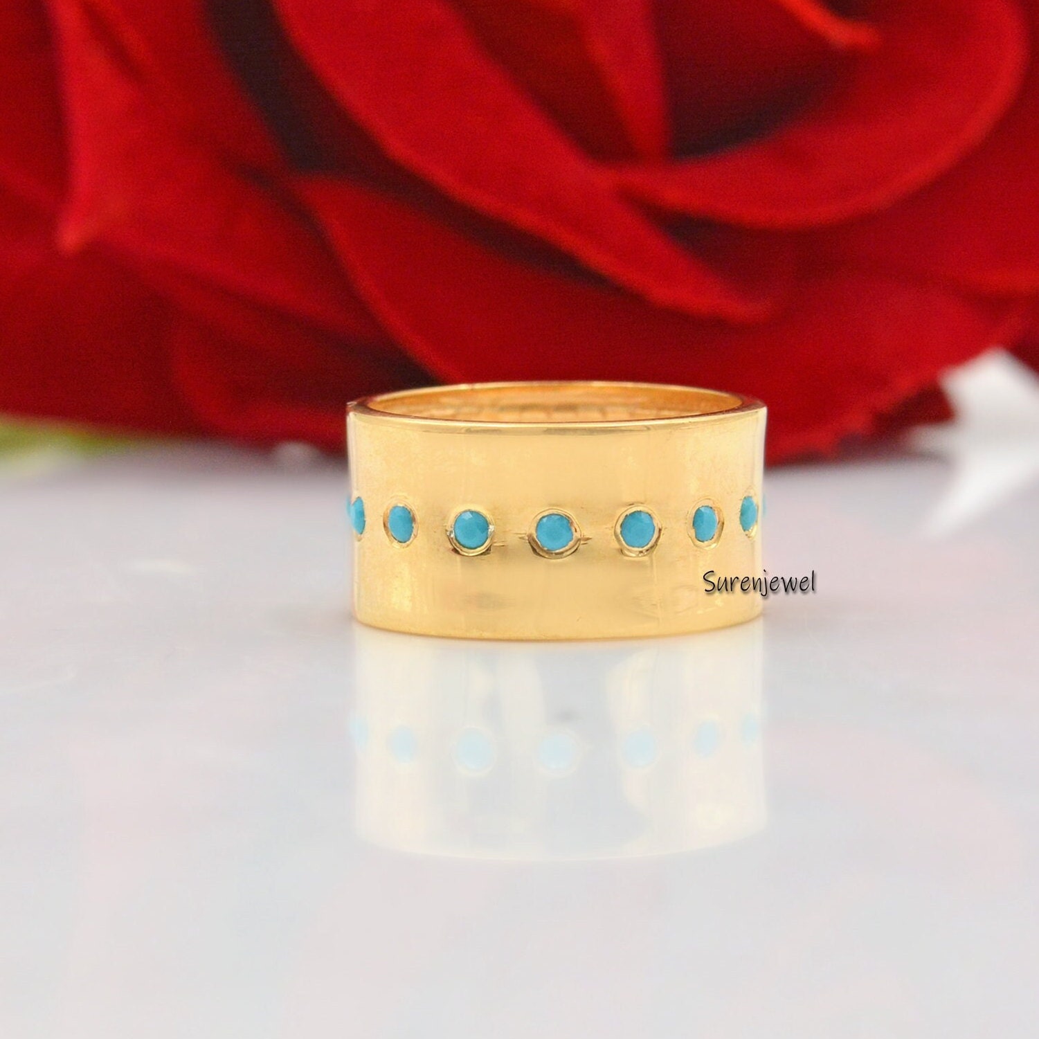 14k Gold Plated Diamond Cigar Ring, Wide 925 Silver Band - View 3 - Suren Jewels | SKU: SJR41-SLYGDI