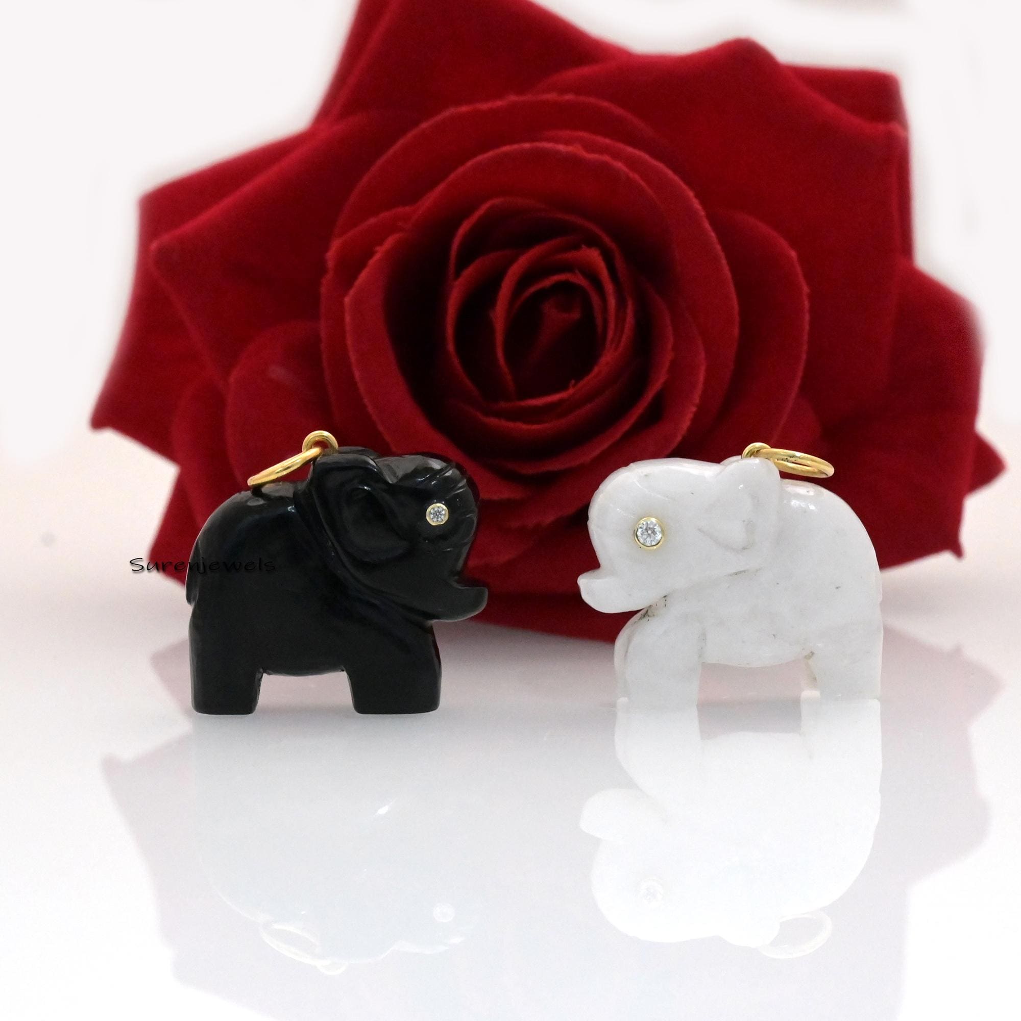 14k Gold Carved Gemstone Elephant Pendant - Coral or Druzy Charm - View 2 - Suren Jewels | SKU: SJP1165-SLYGRQ
