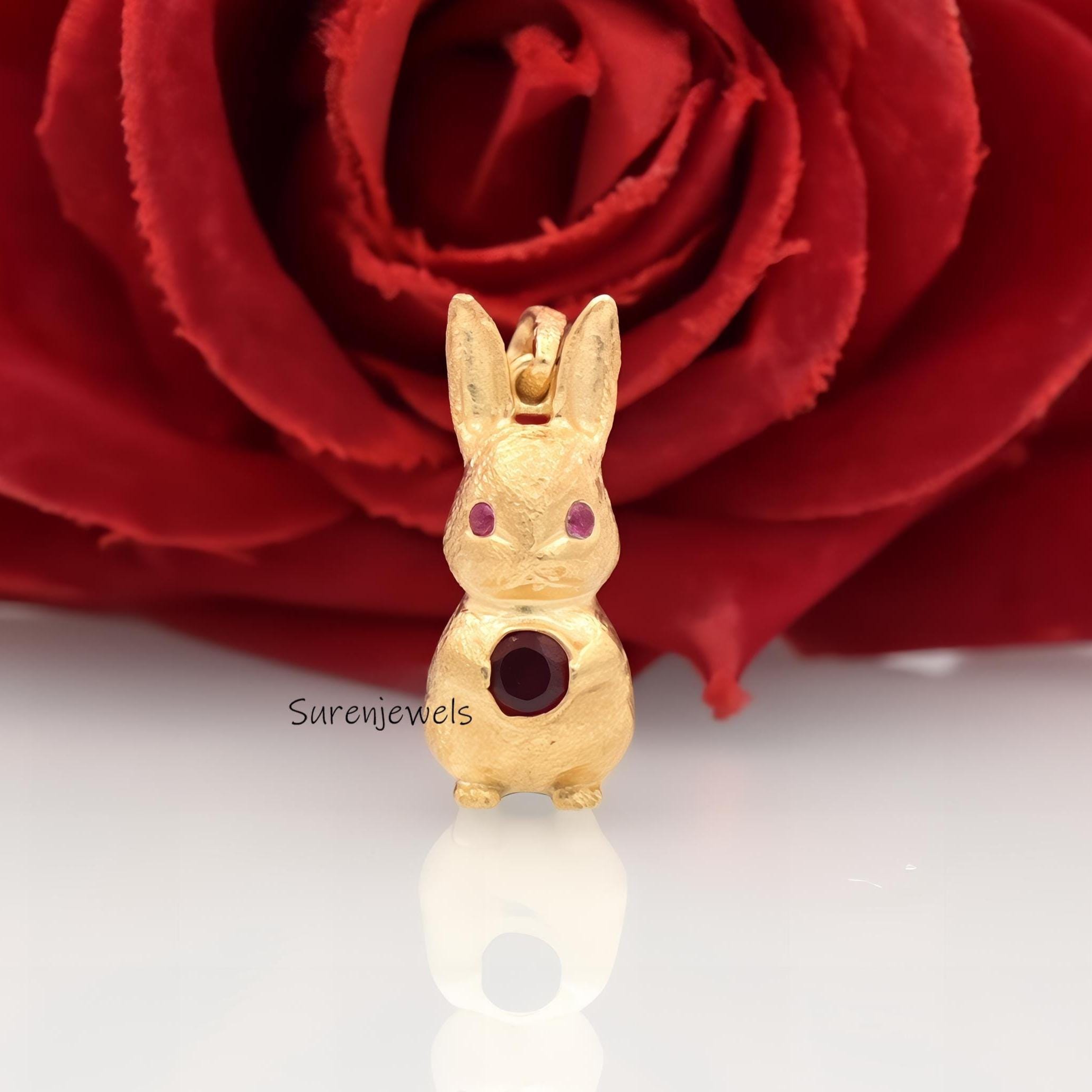 14K Gold Textured Rabbit Pendant: Animal Silver Bunny Charm - View 3 - Suren Jewels | SKU: SJP4357-SLYGRUCZ-25M