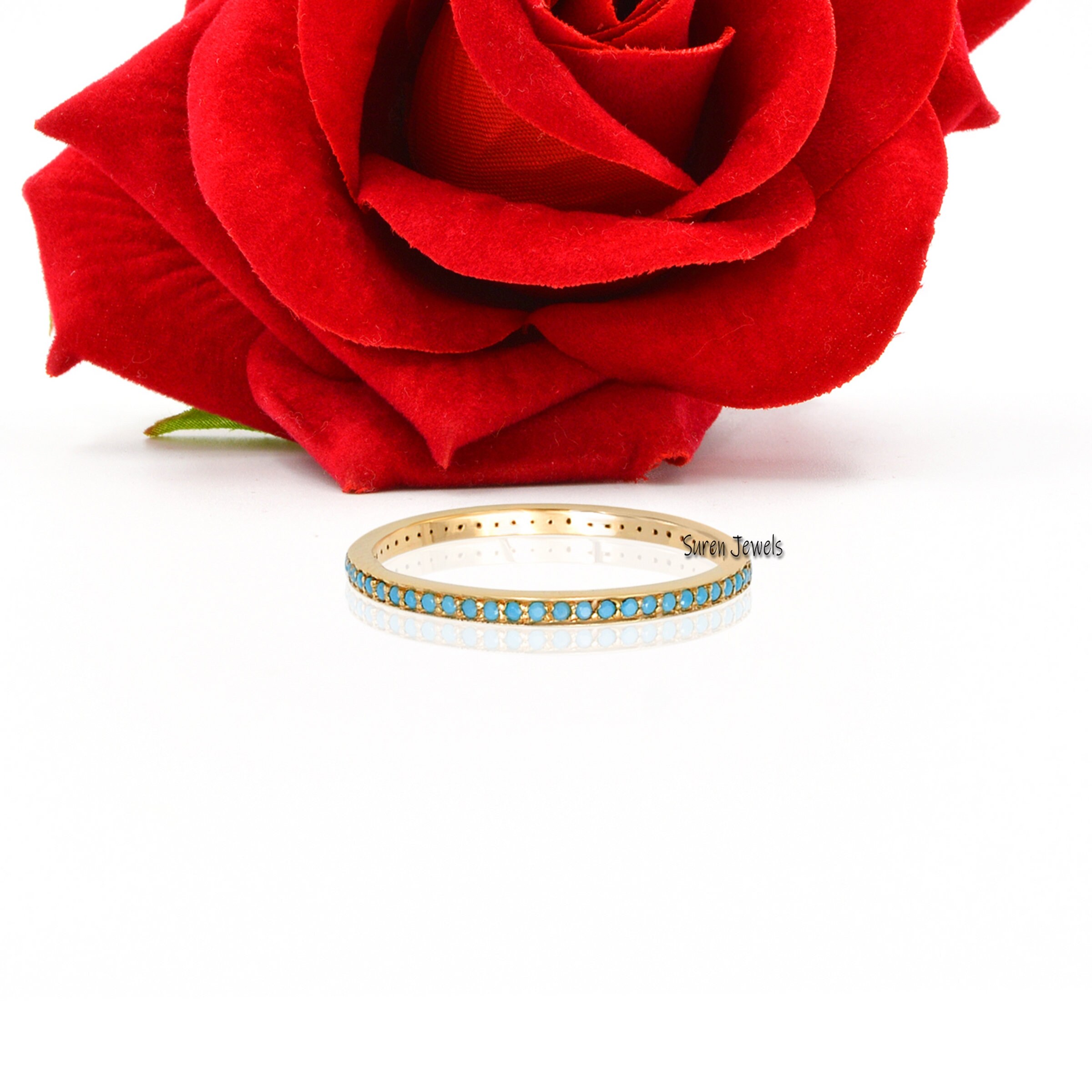 14k Gold Turquoise Wedding Band: Micro Pave Eternity Ring - View 3 - Suren Jewels | SKU: SJR764-14KYGTQ
