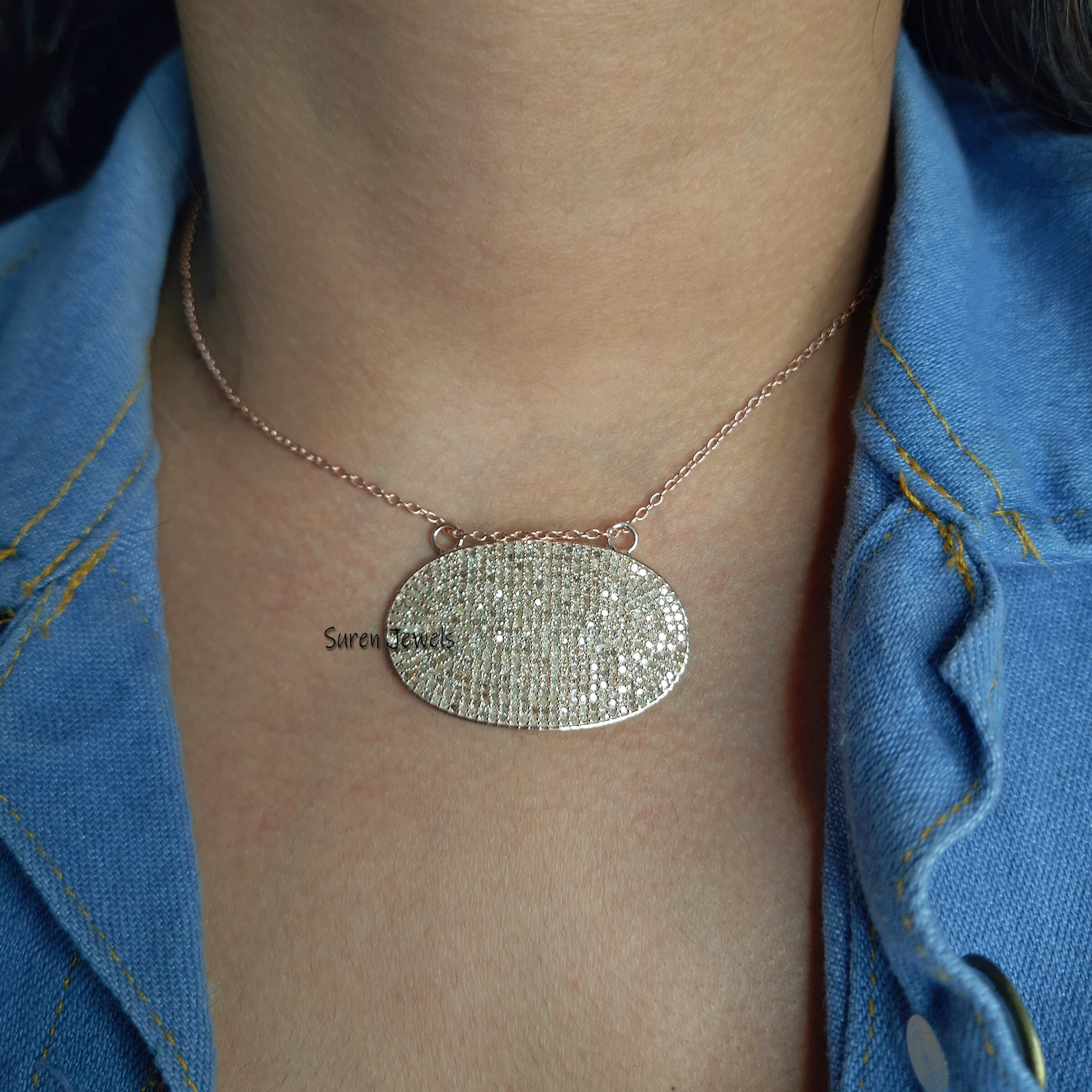 Sterling Silver Pave Diamond Oval Pendant (40x25 MM) - View 5 - Suren Jewels | SKU: SJP560-SLYGDI-G19-SLYG-18I