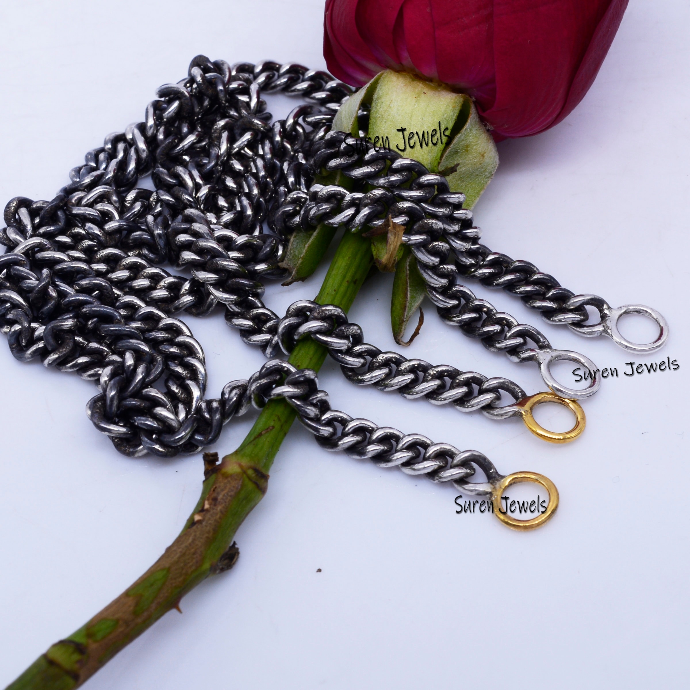 Sterling Silver Curb Chain Necklace: 14K Gold Jump Ring, 5mm Carabiner Lock - Suren Jewels | SKU: G17-SLOXYG-26I