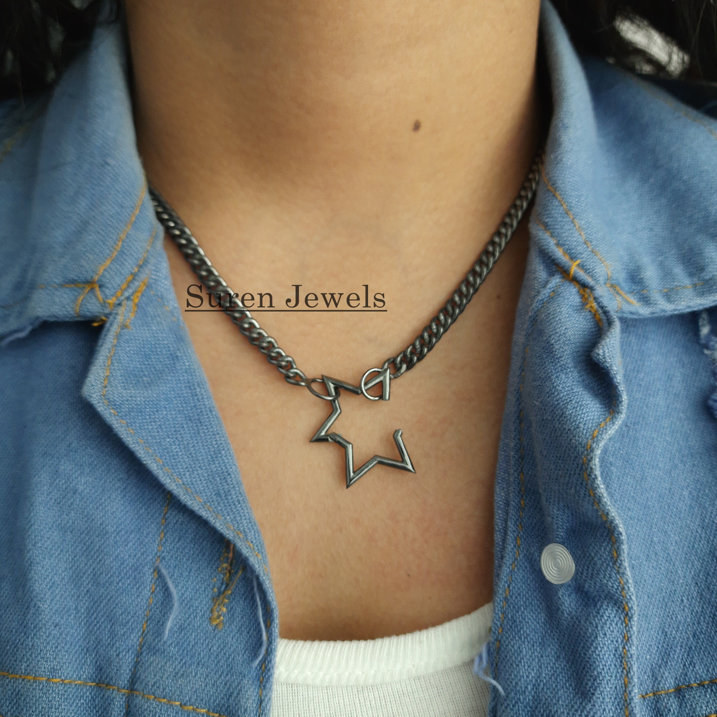 925 Silver Star Charm Holder: Clasp Link Lock Enhancer - View 4 - Suren Jewels | SKU: SJP508-SLRH-N22-18I