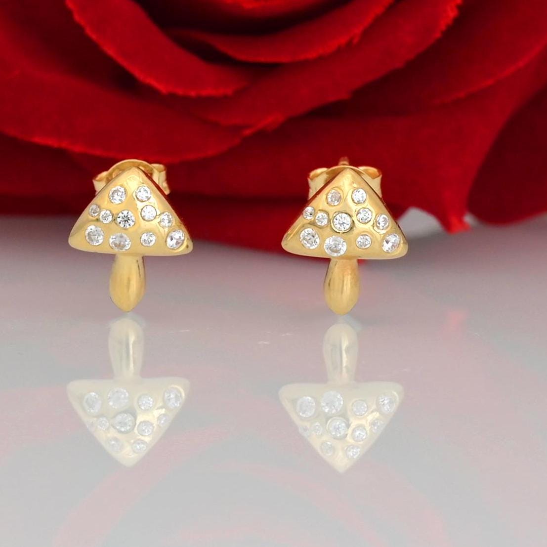 14k Gold Mushroom Stud Earrings: Tiny Magic Mushroom Design - View 2 - Suren Jewels | SKU: SJE1442-SLYG