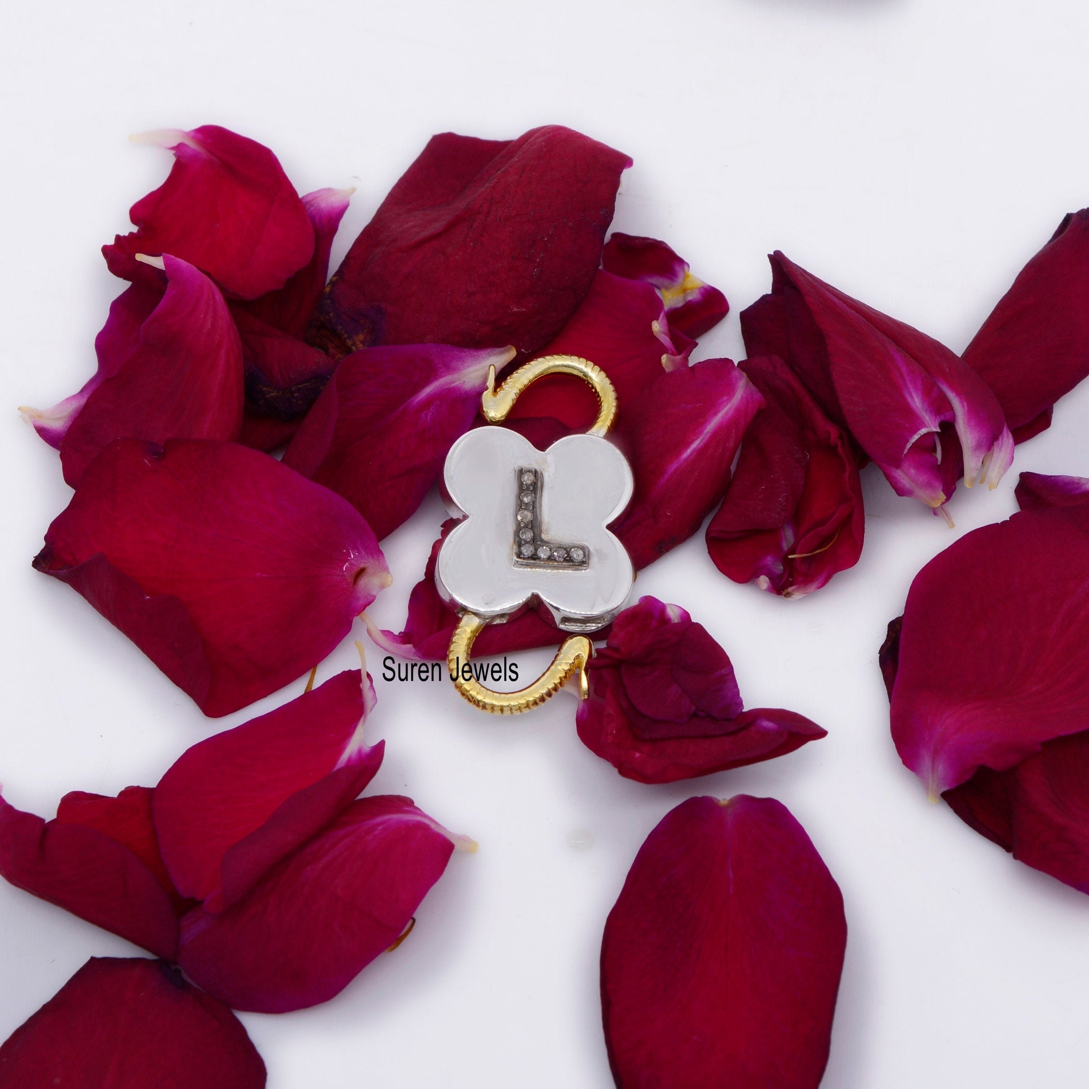 Two-Tone Diamond Initial 925 Silver Padlock Pendant - View 6 - Suren Jewels | SKU: SJP25-SLNSYGRHDI-L