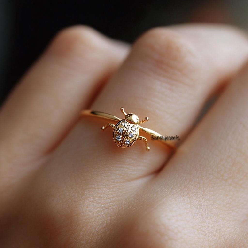 14K Solid Gold Ladybug Ring, Delicate Insect-Inspired Midi Ring, Baby Beetle Good Luck Jewelry - View 3 - Suren Jewels | SKU: