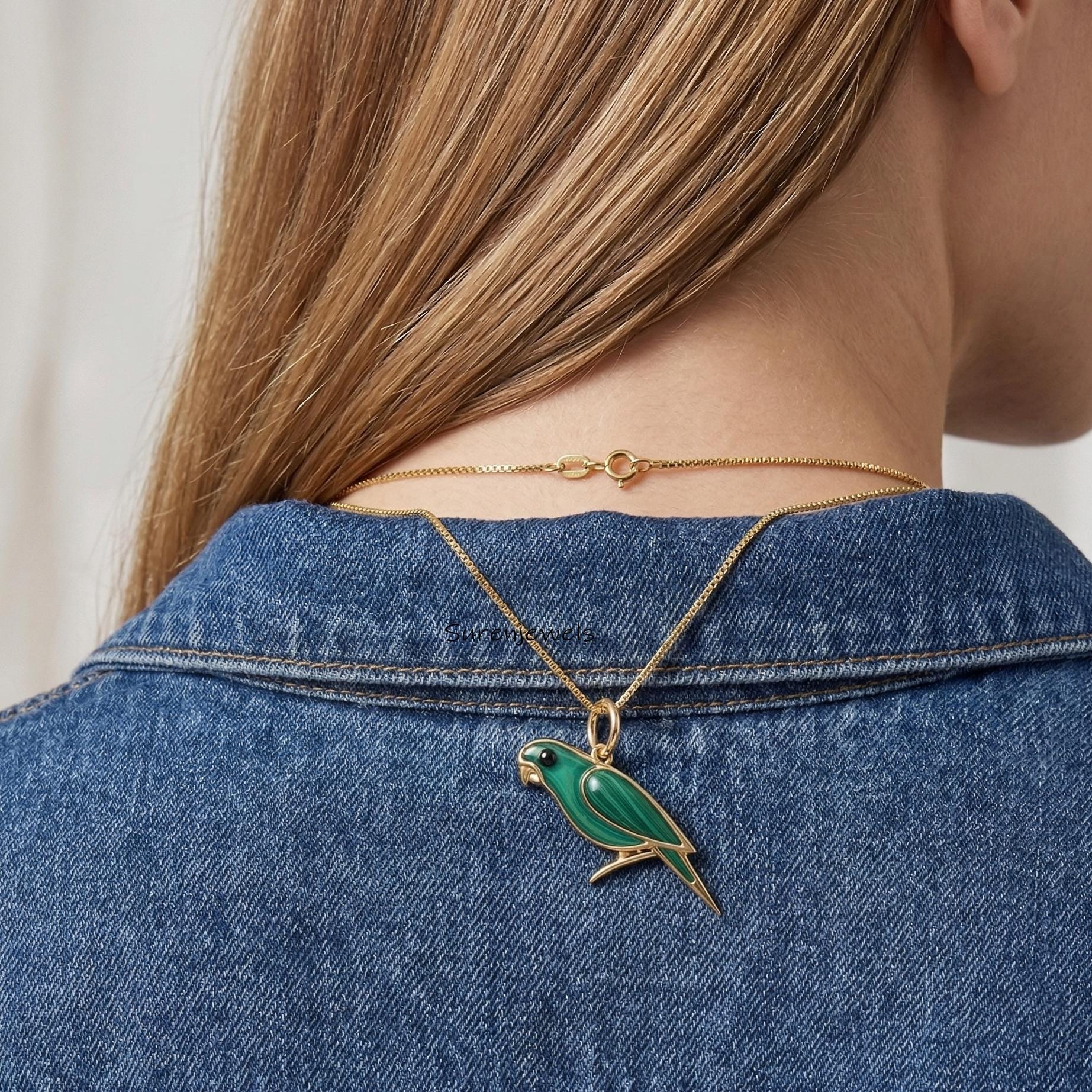 14k Gold Gemstone Parrot Pendant, hand Carved Animal Jewelry - View 2 - Suren Jewels | SKU: SJP