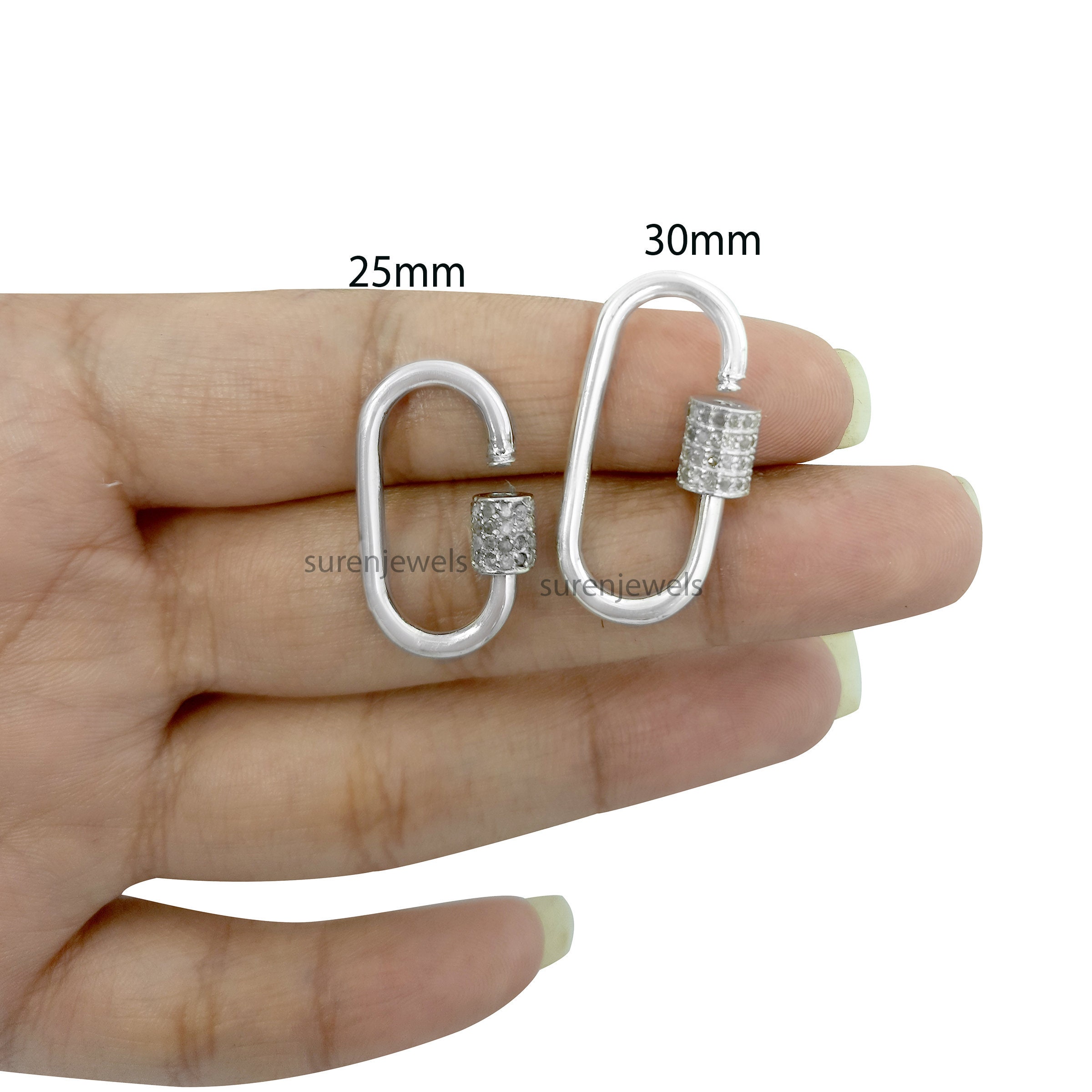 925 Silver Diamond Carabiner Lock: Interlocking Screw Clasp - View 2 - Suren Jewels | SKU: SJC05-SLWGD-25M