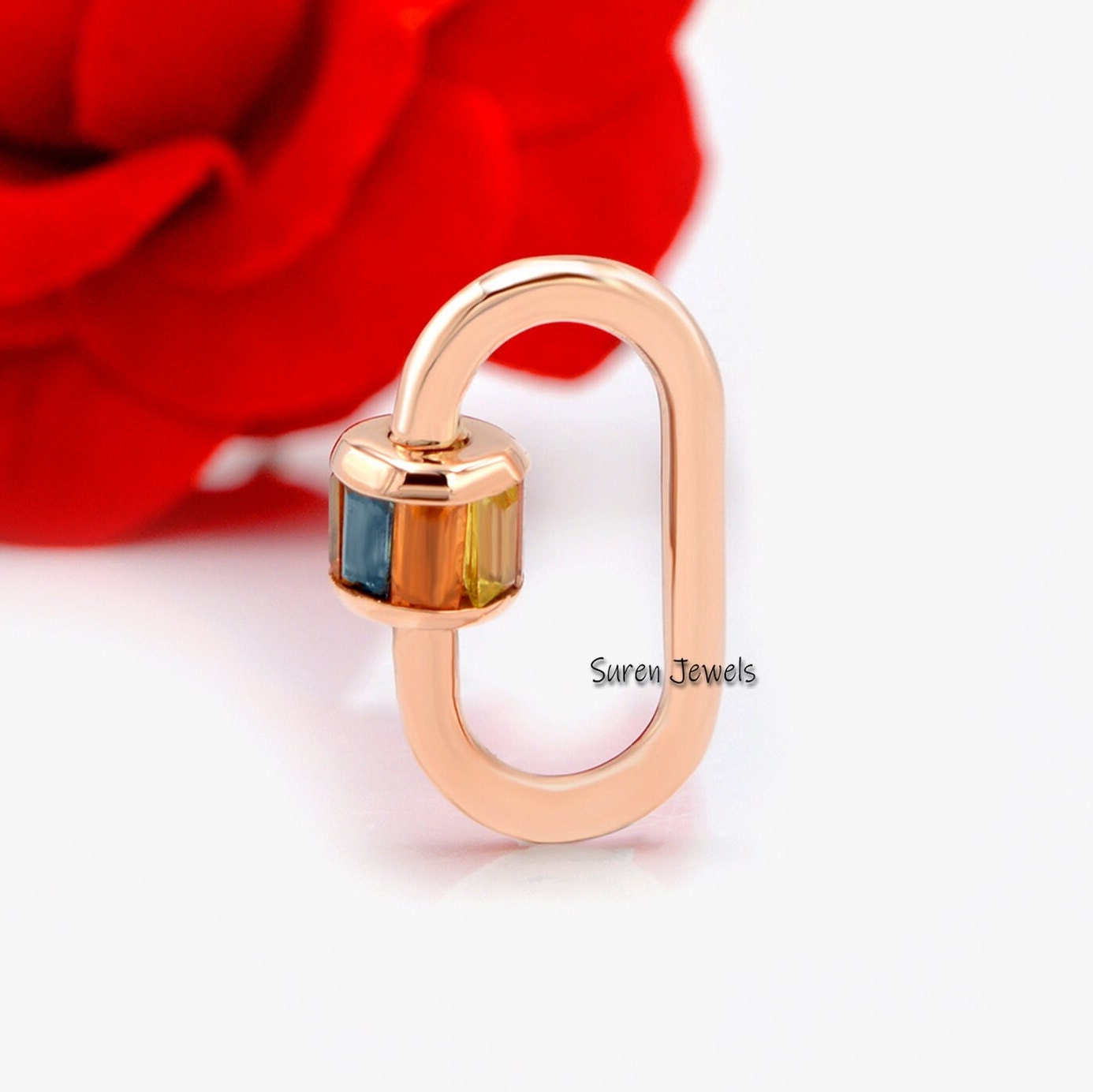 14K Yellow Gold Carabiner Lock: Vintage Emerald Baguette Screw - View 4 - Suren Jewels | SKU: SJC22-14KYGBTTAQ-N47-18I-14K