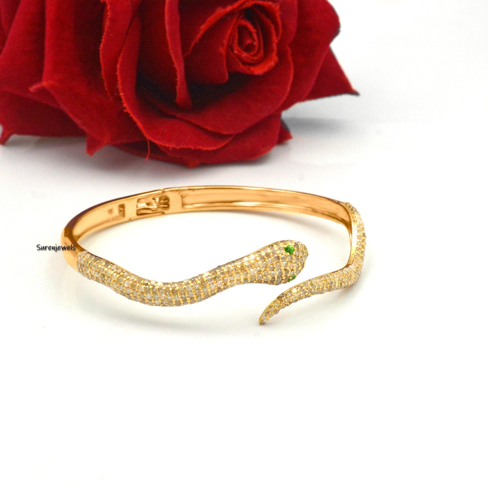 Diamond Snake Bangle, Natural Pave Diamonds, Emerald Eyes, Silver - Suren Jewels | SKU: SJB69-SLYGDITS-8I