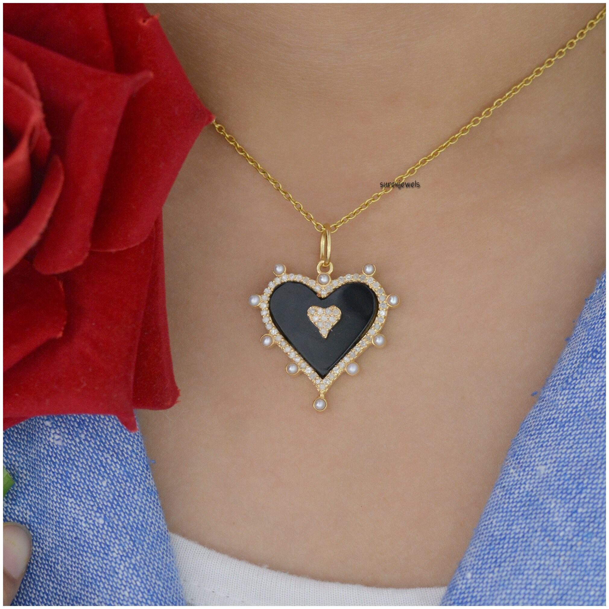 Gold Plated Heart Pendant: Gemstone, Moissanite & Pearl Charm - View 5 - Suren Jewels | SKU: SJP1271-14KYGLPZDIPL-25M