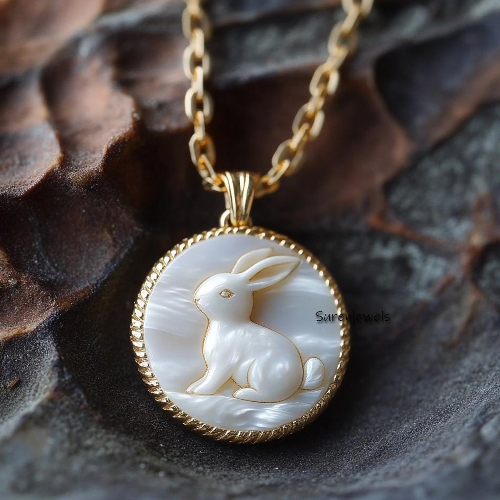 14K Gold Gemstone Carved Rabbit Pendant (30mm) - View 4 - Suren Jewels | SKU: SJP4429-SLWGOP-30M,SJP4334-SLYGMOP-25M,SJP4428-