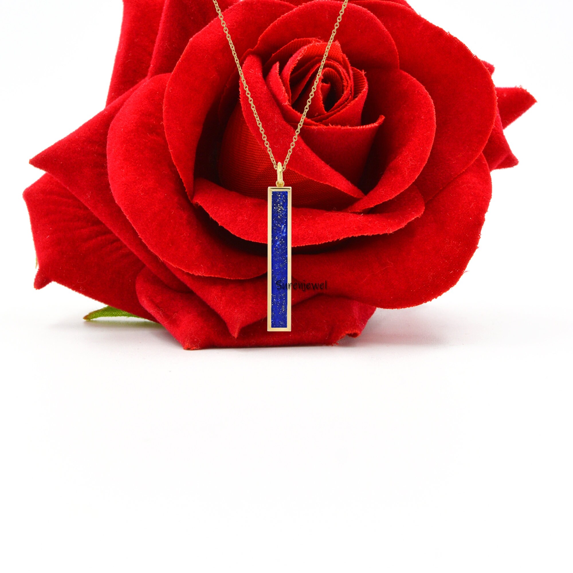 14k Gold Gemstone Bar Pendant: Lapis Lazuli or Turquoise - View 5 - Suren Jewels | SKU: SJP1438-SLNSLPZ