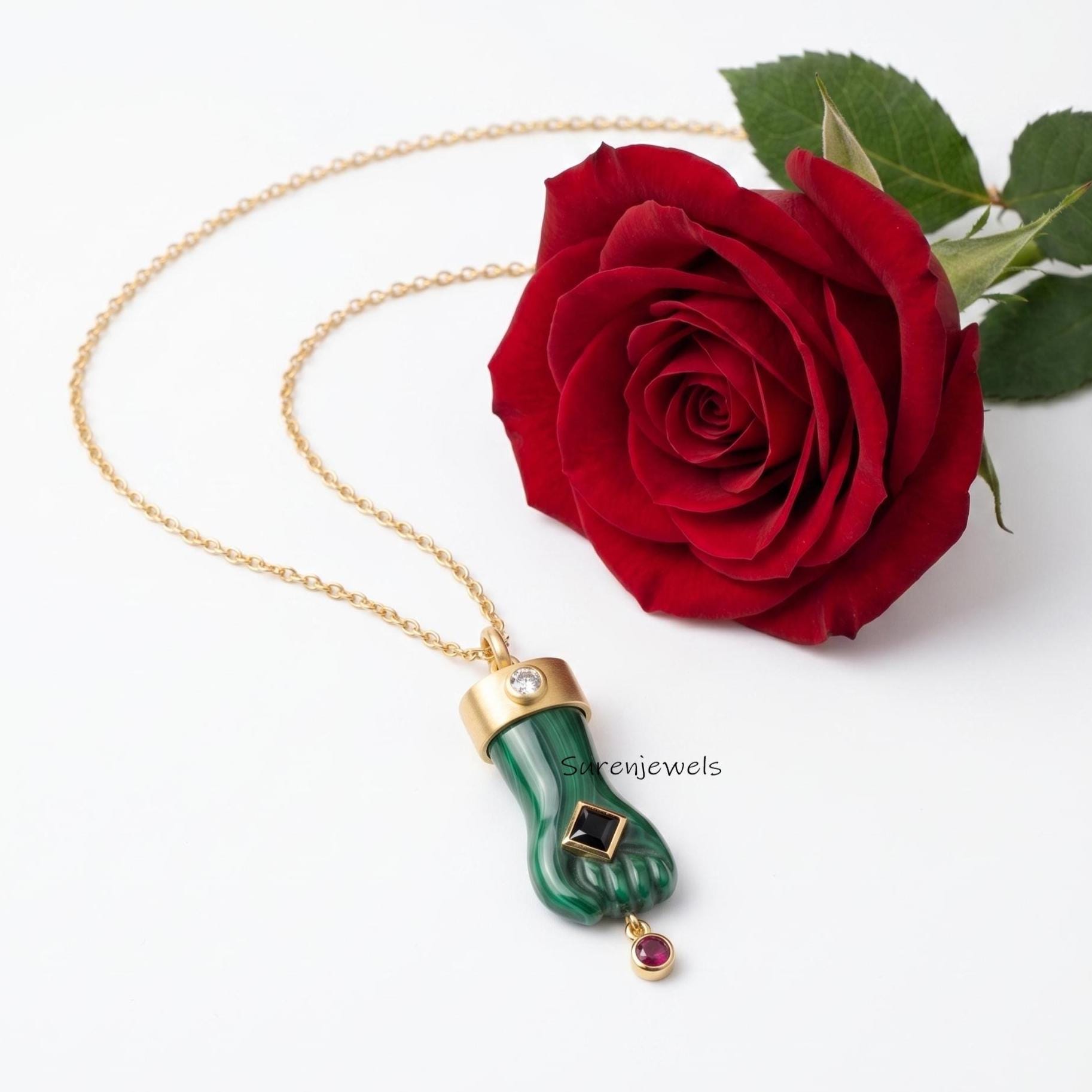 14K Gold Plated Mano Figa Pendant, Lapis Lazuli Good Luck Charm, Amulet Pendant, Boho Statement Gift for Women - View 5 - Sur