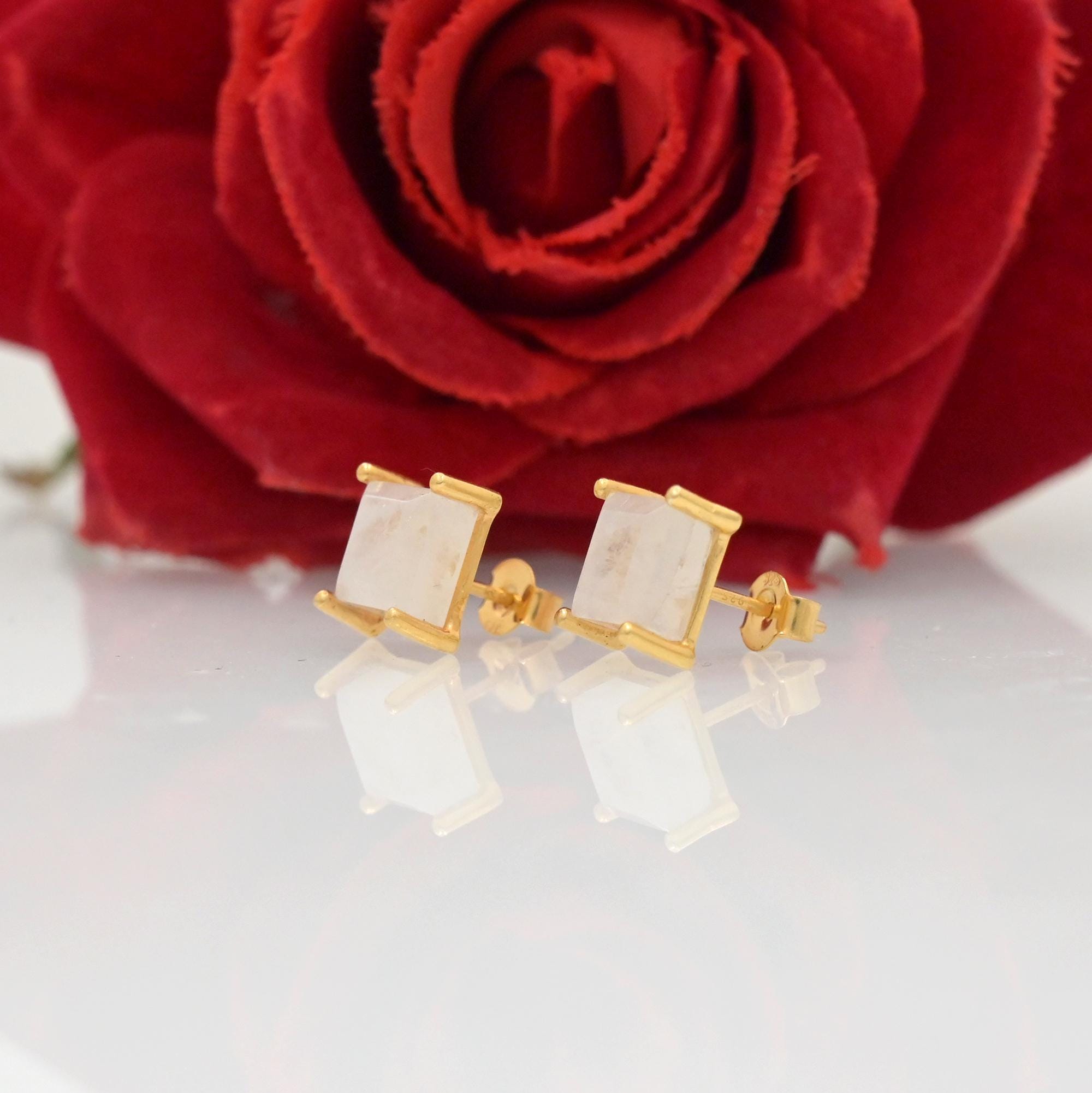 14k Gold Princess Cut Gemstone Stud Earrings: Square Rose Quartz - View 6 - Suren Jewels | SKU: SJE1695-SLRGRQ-10M