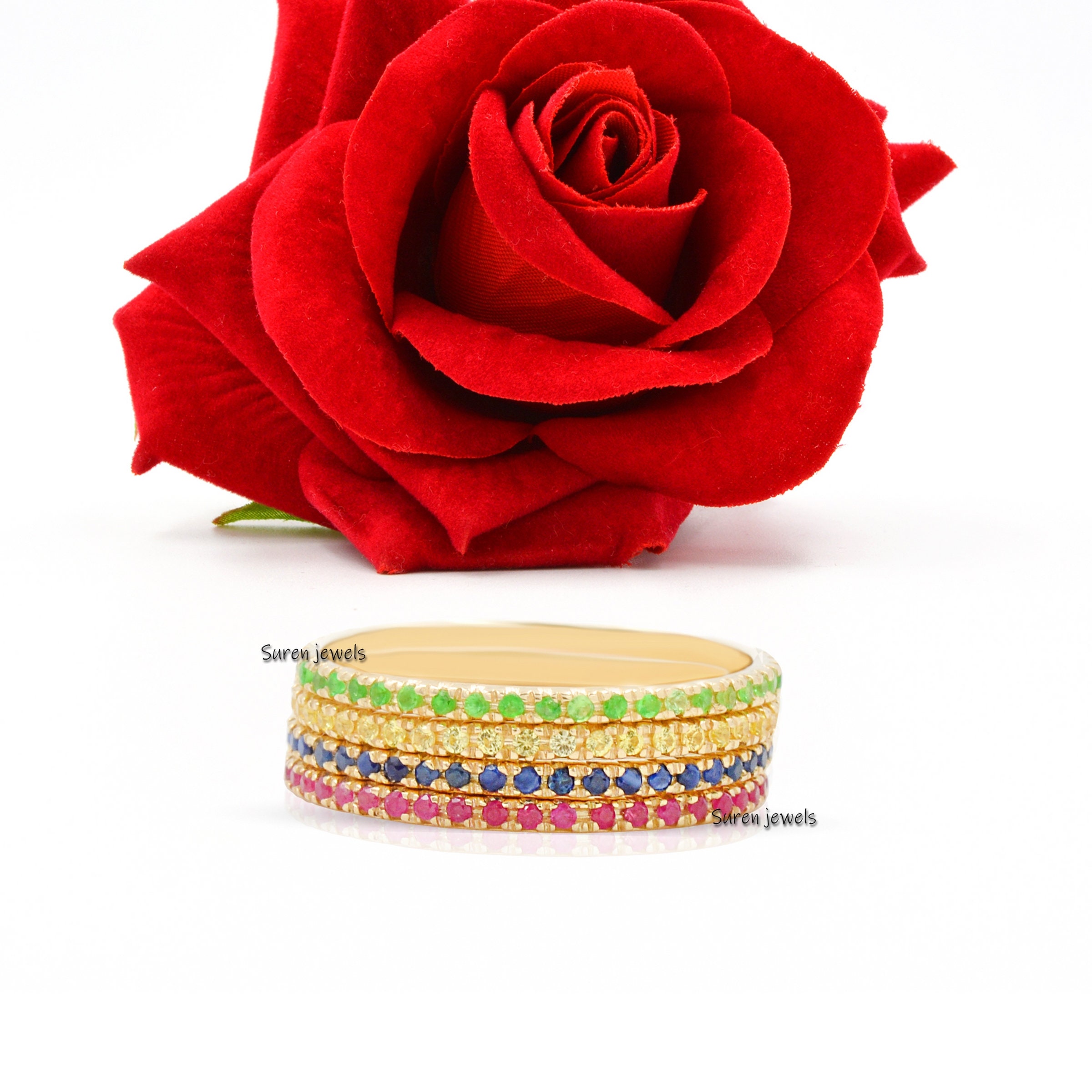 14K Gold Ruby Pave Eternity Band Ring - View 4 - Suren Jewels | SKU: SJR705-14KYGPSP