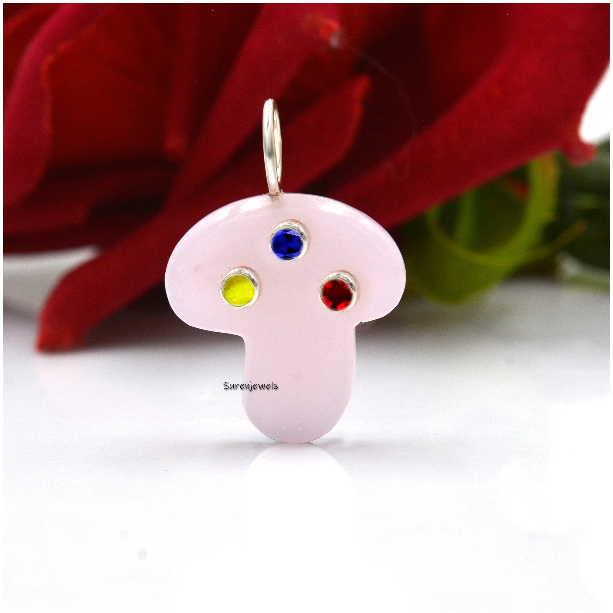 Carved Gemstone Mushroom Pendant: Multi Gemstone Inlay - Suren Jewels | SKU: SJP1188-SLNSRQMN