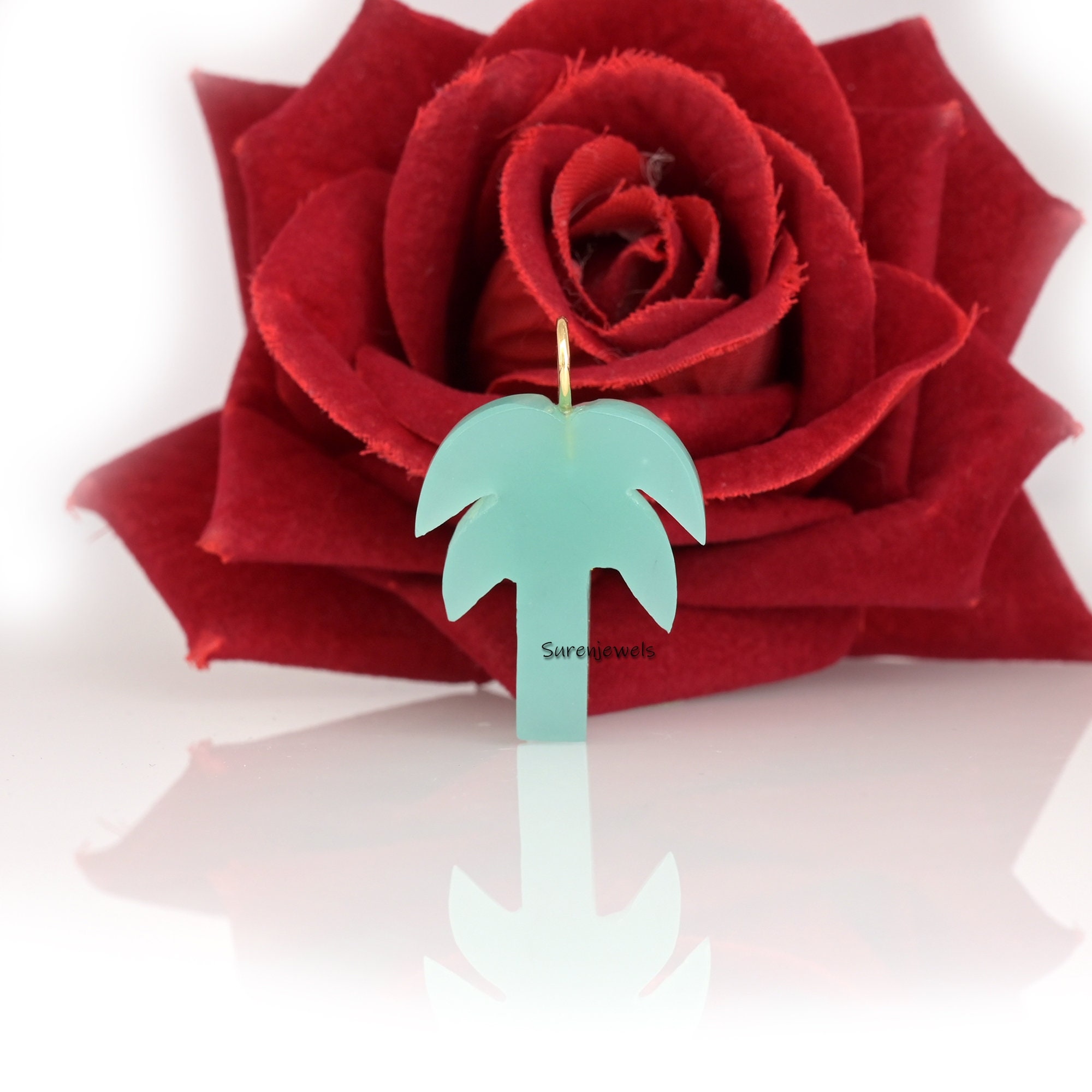 Carved Gemstone Palm Tree Pendant: Handmade 925 Silver Charm - View 2 - Suren Jewels | SKU: SJP3066