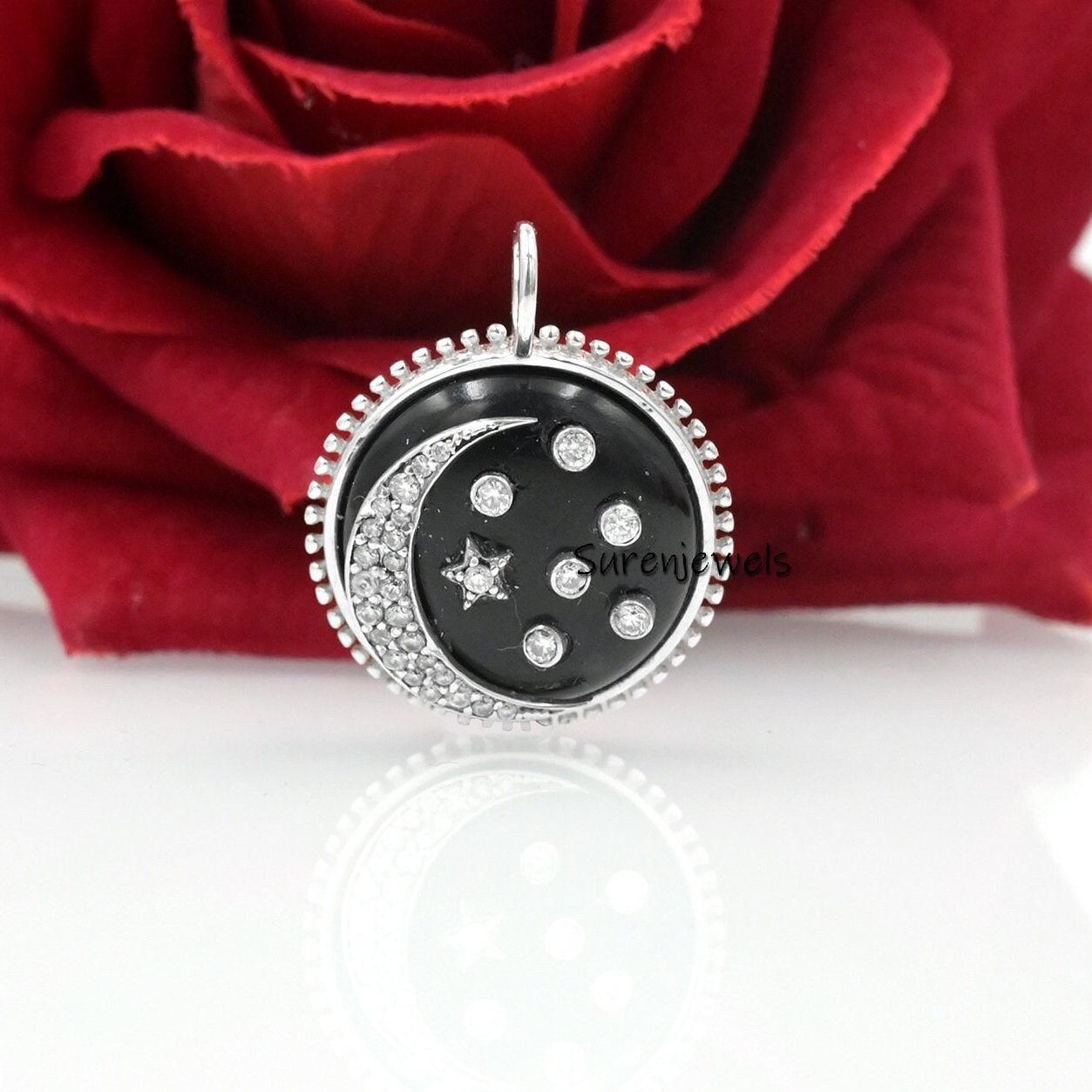 Lapis Lazuli Star Moon Pendant: Moissanite 925 Silver Disc - View 2 - Suren Jewels | SKU: SJP2446-SLYGDITQ-20M
