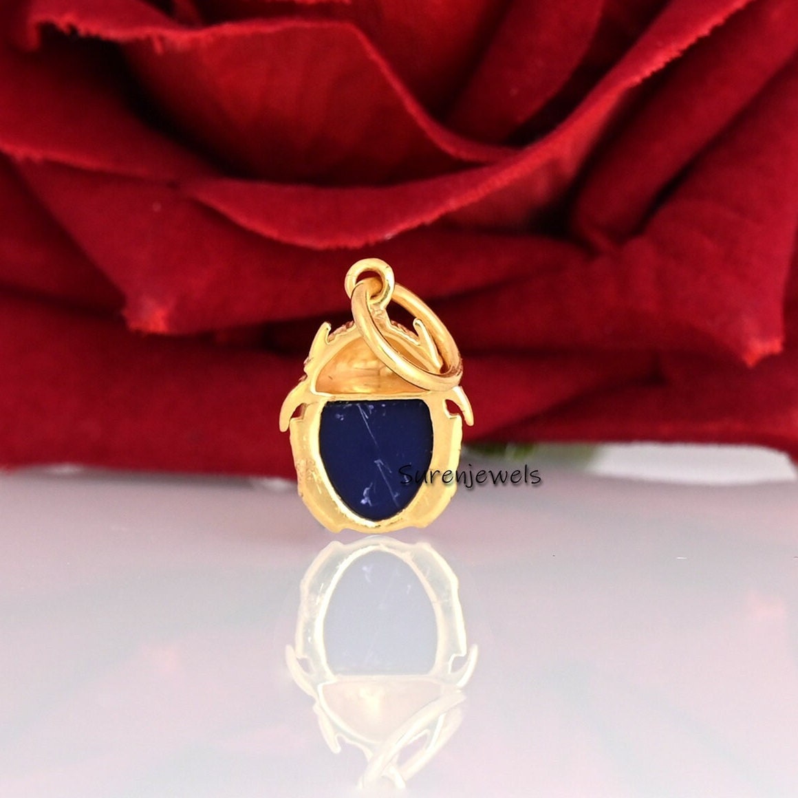 14K Gold Scarab Pendant: Hand Carved Gemstone Amulet - View 3 - Suren Jewels | SKU: SJP2550