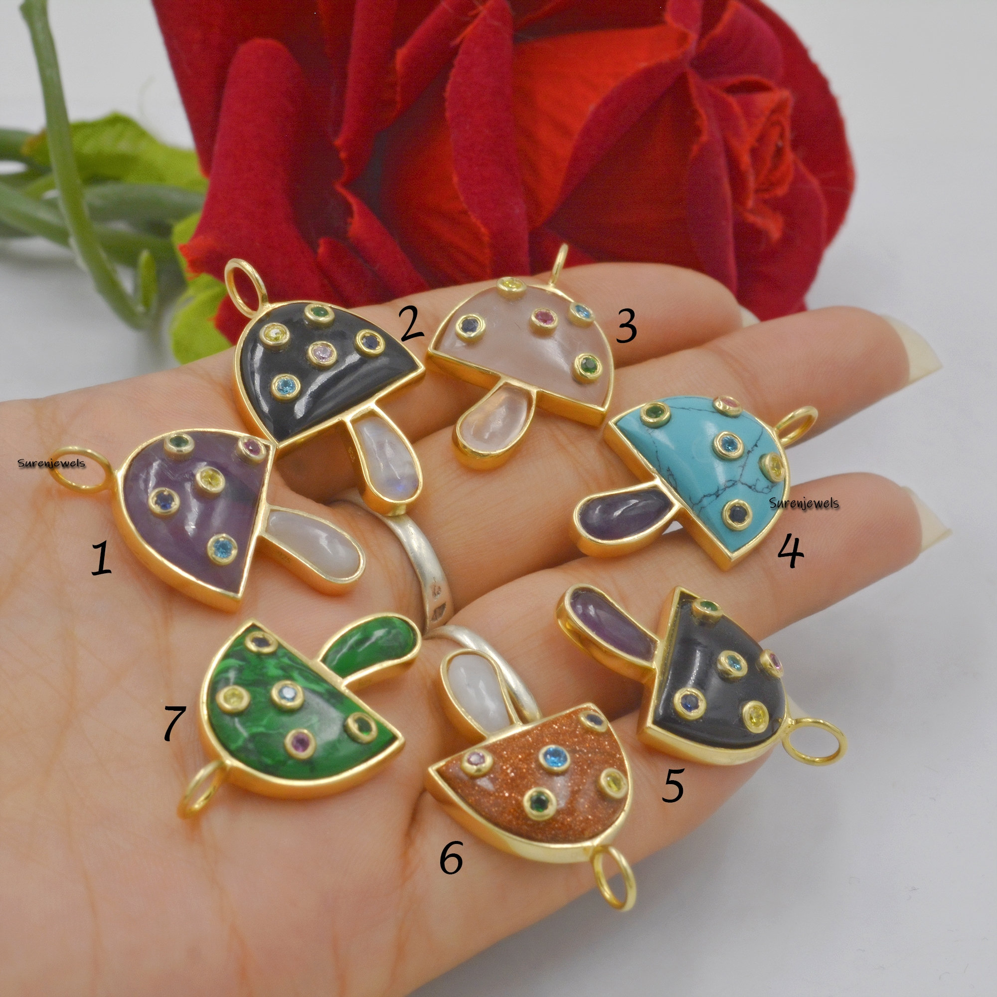 14k Solid Gold Mushroom Pendant, Pave Set Mushroom Pendant, Magic Mushroom Pendant, Gemstone Mushroom Pendant, Whoesale Mushr