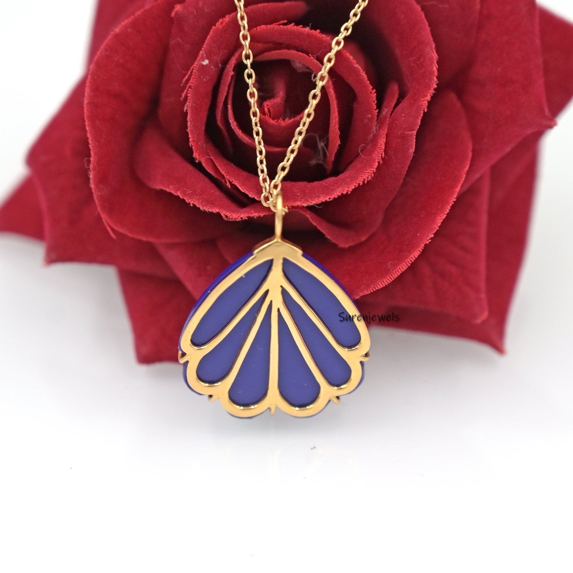 Handmade Carved Shell Pendant: 925 Silver Gemstone, Gold Accent - View 2 - Suren Jewels | SKU: SJP3081-SLYGRCR-30M