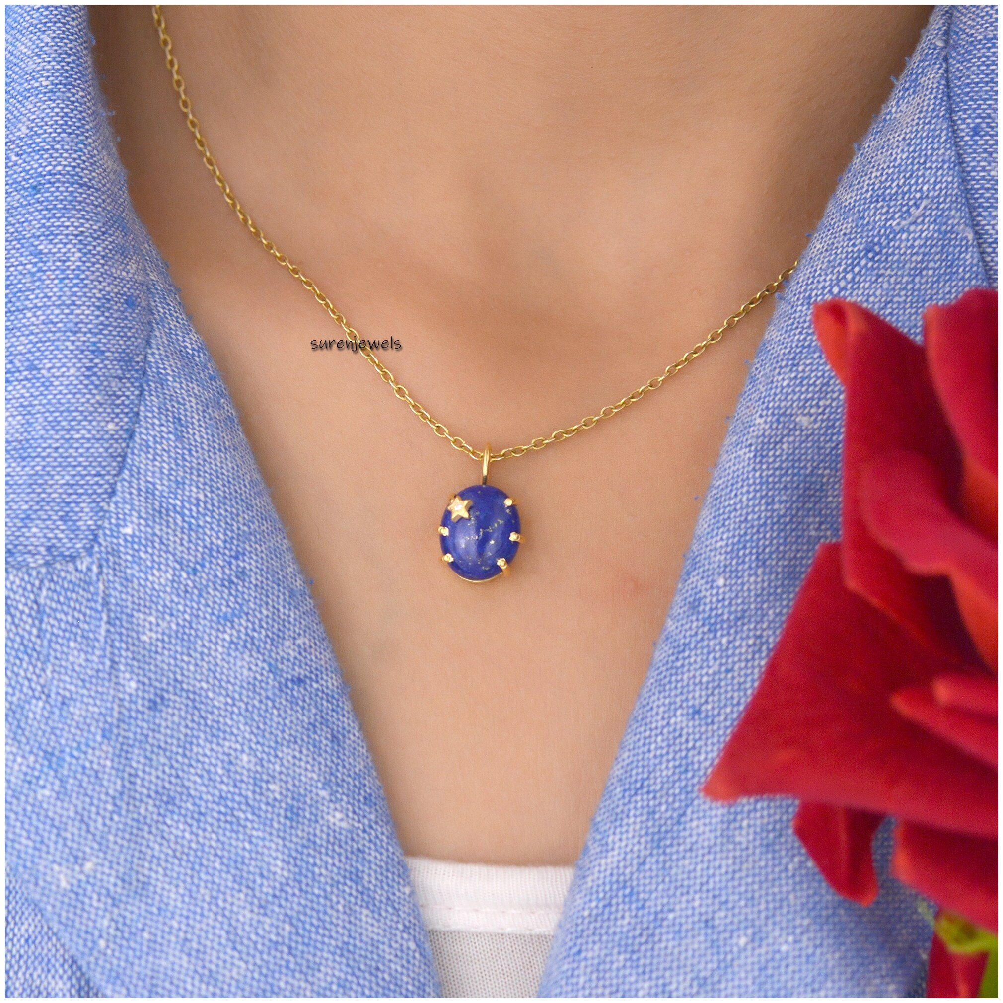 925 Silver Lapis North Star Pendant: Moissanite Starburst - View 3 - Suren Jewels | SKU: SJP1393-SLYGLPZMN