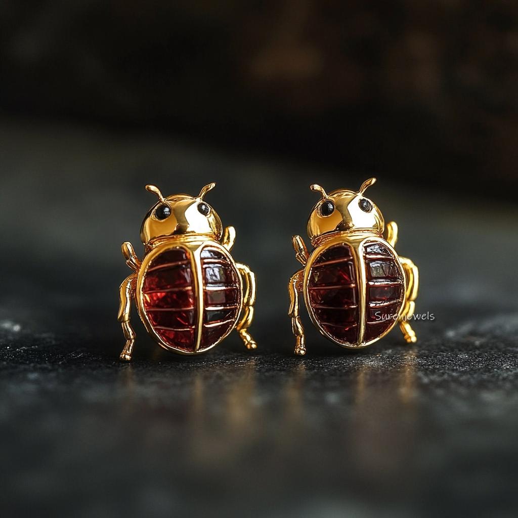 14K Gold Gemstone Scarab Studs: Hand Carved Egyptian Beetle Earrings - View 3 - Suren Jewels | SKU: SJE1875-SLYGGT-10M,SJE187