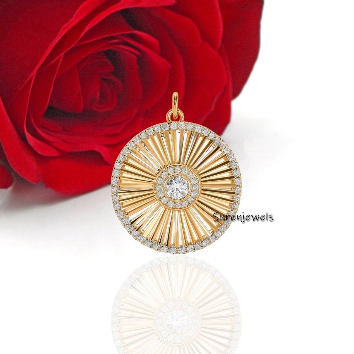 14K Gold Fluted Round Pendant: CZ Stone Charm Jewelry - Suren Jewels | SKU: SJP3484-SLYGCZ-25M
