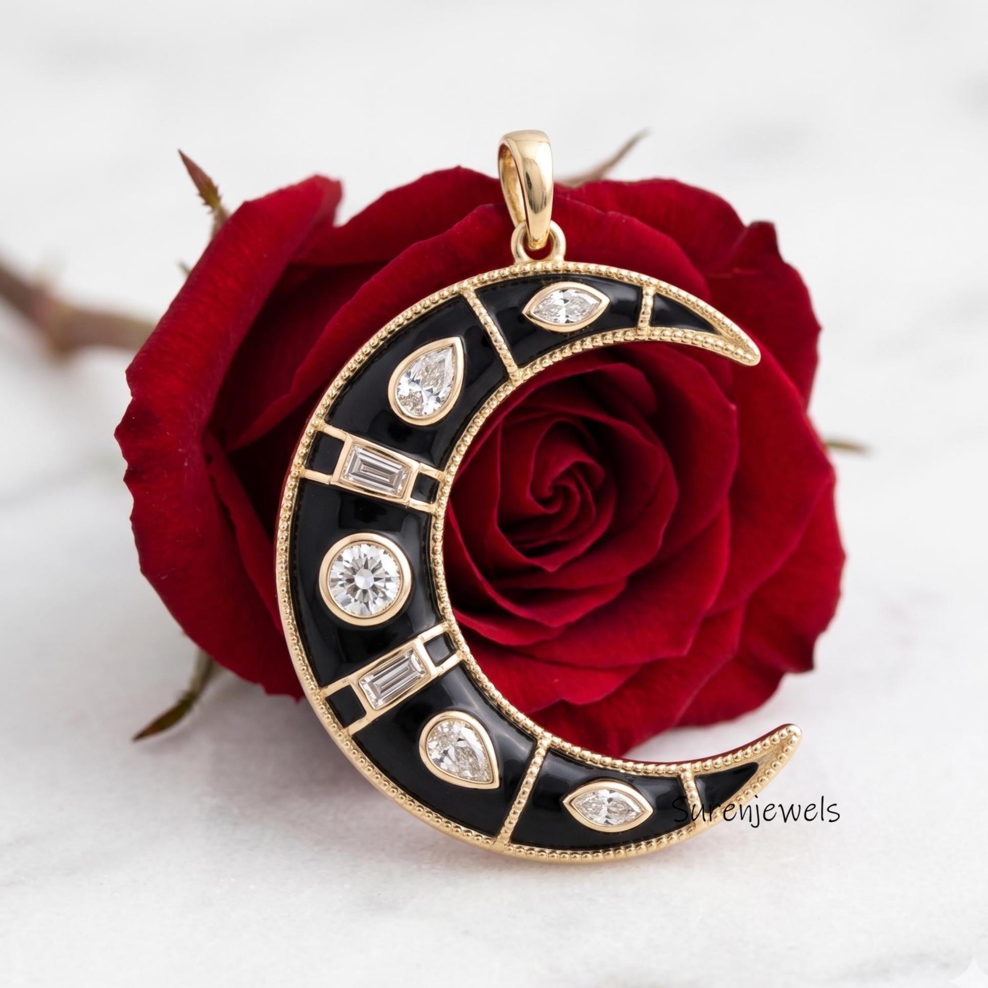 14k Gold Gemstone Half Moon Pendant, Gemstone Crescent Half Moon Pendant, Handmade Designer Half Moon Pendant - Suren Jewels