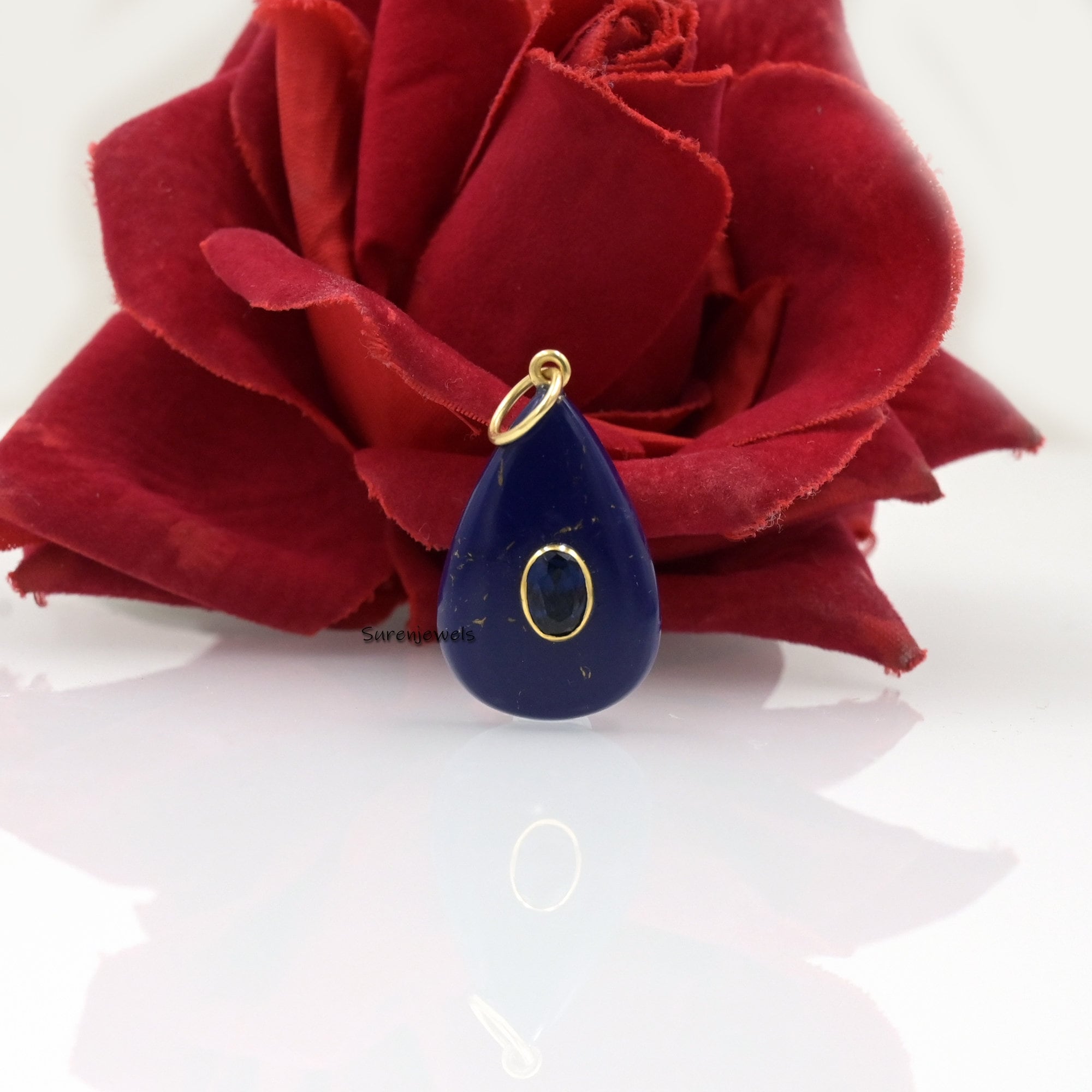 Hand Carved 14k Gold Malachite Drop Pendant, Gemstone Teardrop - View 3 - Suren Jewels | SKU: SJP3192